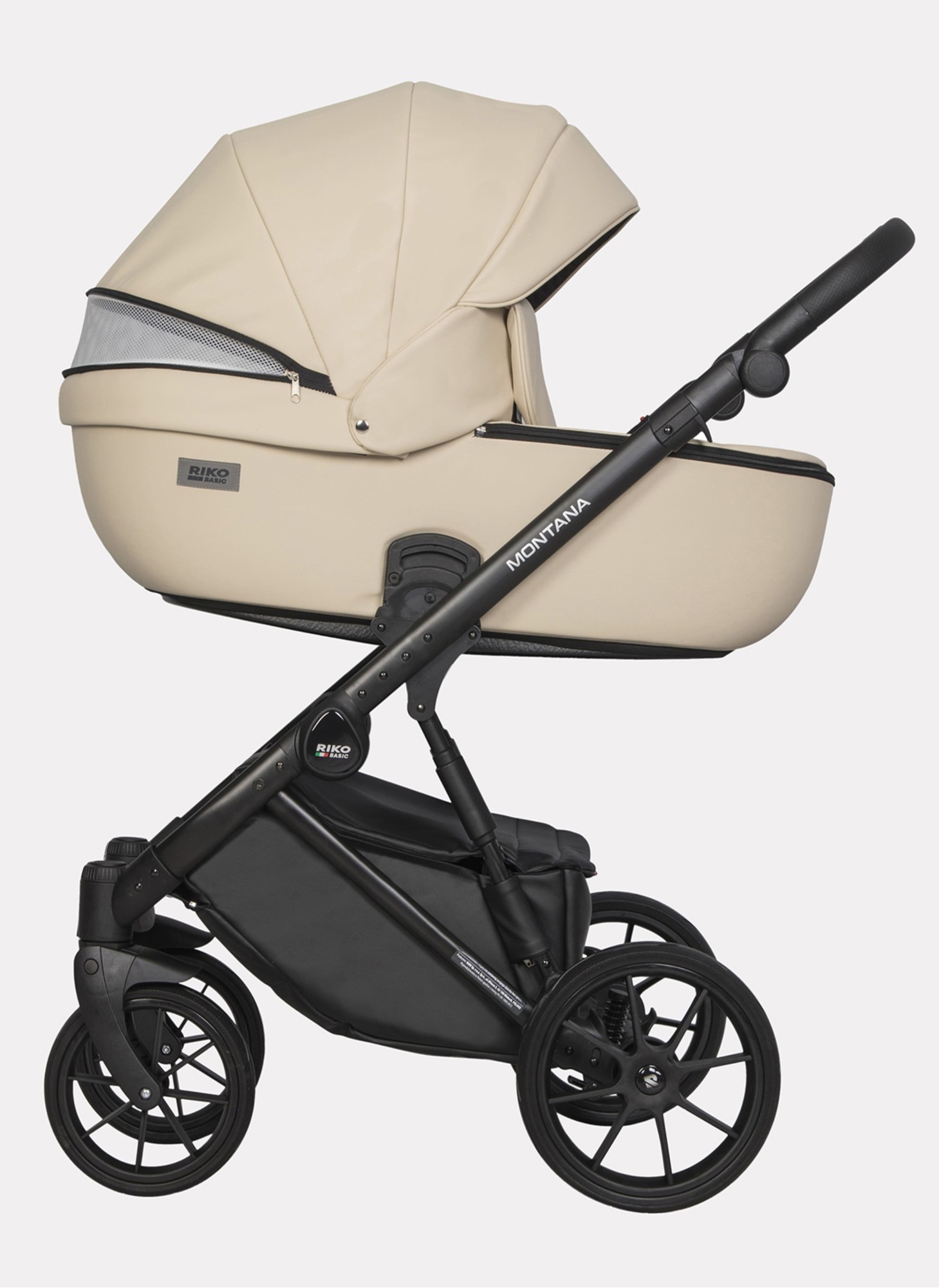 Детская коляска 2 в 1 Riko Basic Montana Ecco из экокожи | Реверсивный прогулочный блок | Регулируемая амортизация | Передние поворачиваемые колеса | Цвет - кремовый