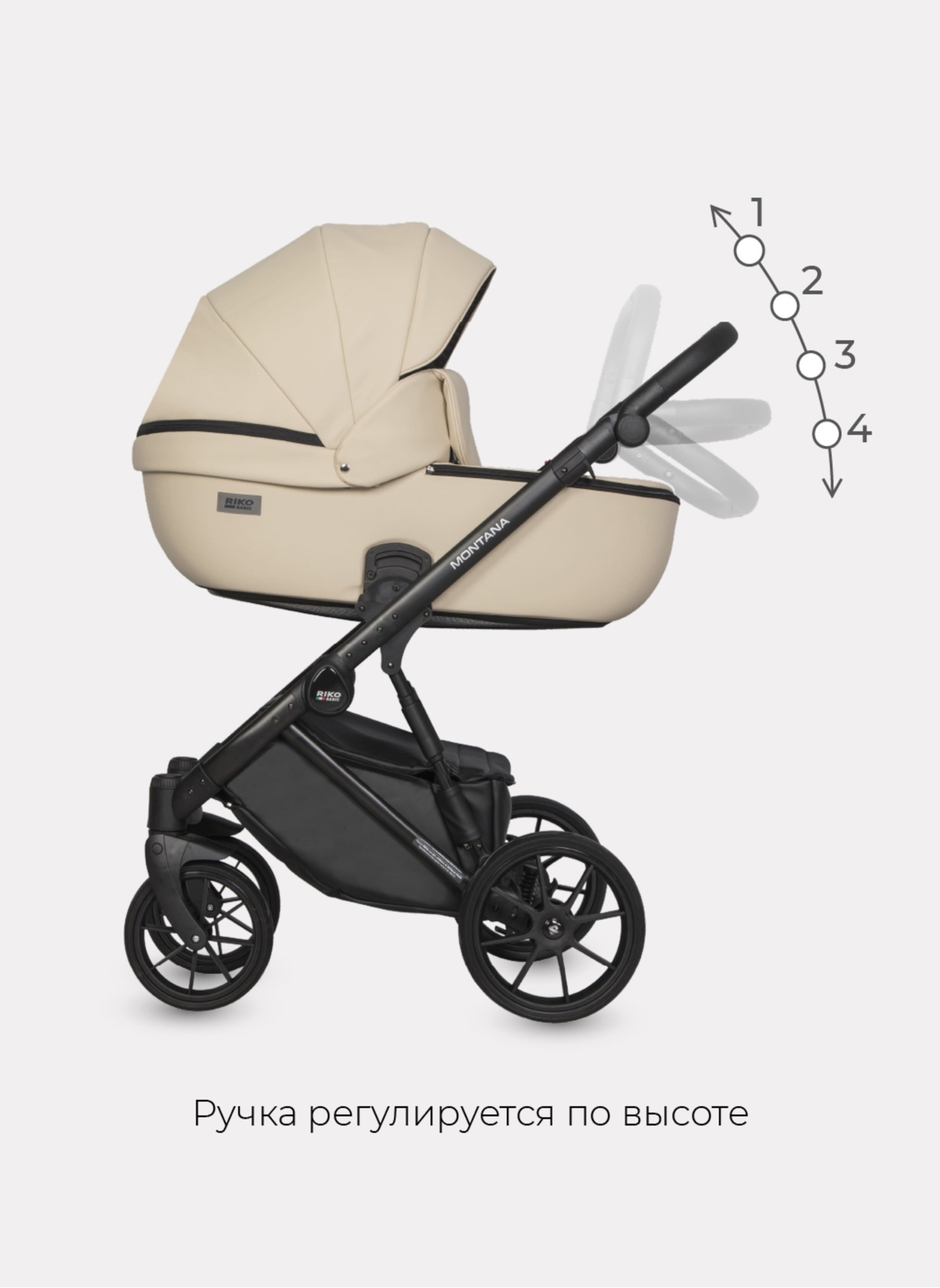 Детская коляска 2 в 1 Riko Basic Montana Ecco из экокожи | Реверсивный прогулочный блок | Регулируемая амортизация | Передние поворачиваемые колеса | Цвет - кремовый
