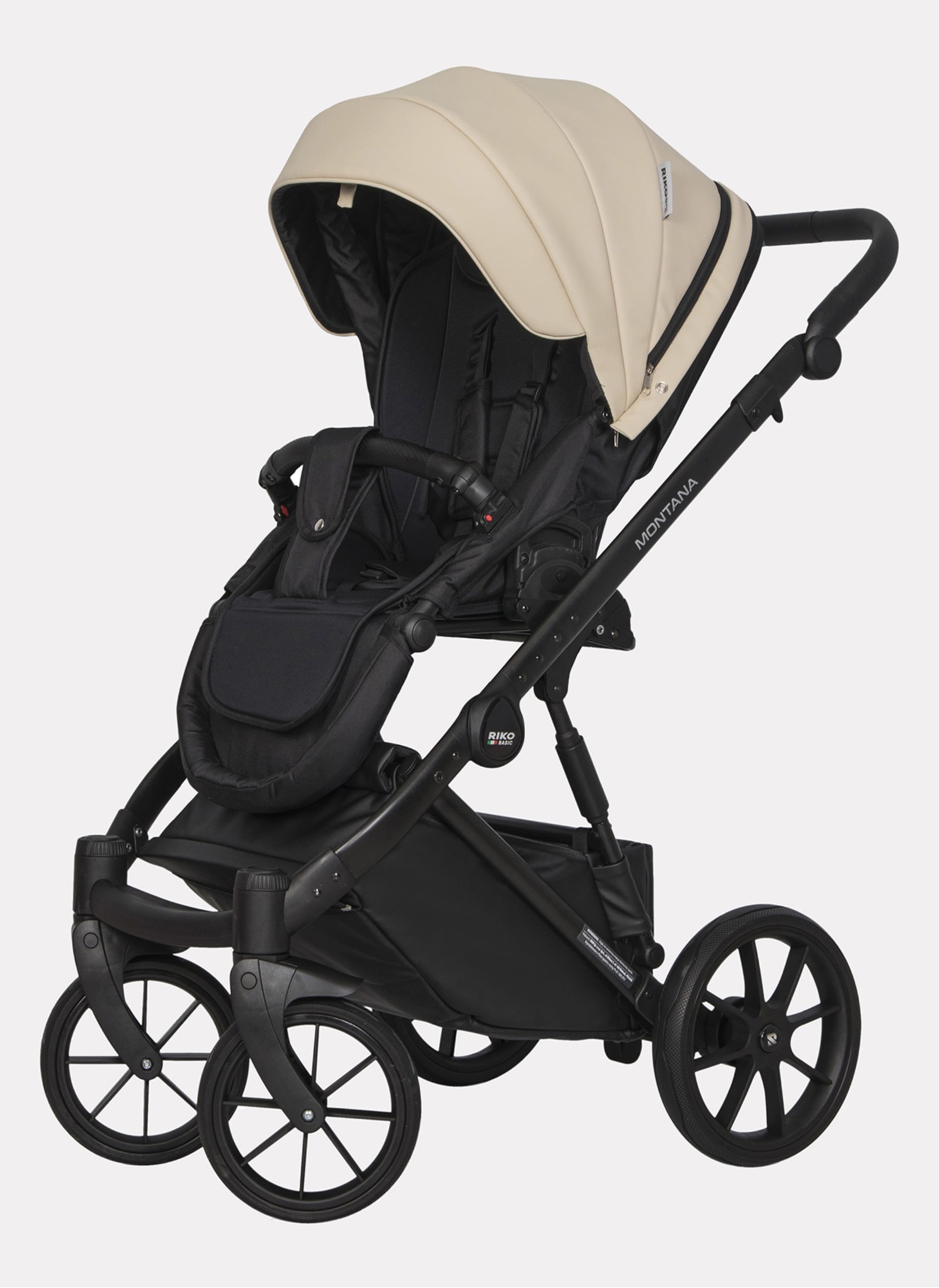 Детская коляска 2 в 1 Riko Basic Montana Ecco из экокожи | Реверсивный прогулочный блок | Регулируемая амортизация | Передние поворачиваемые колеса | Цвет - кремовый