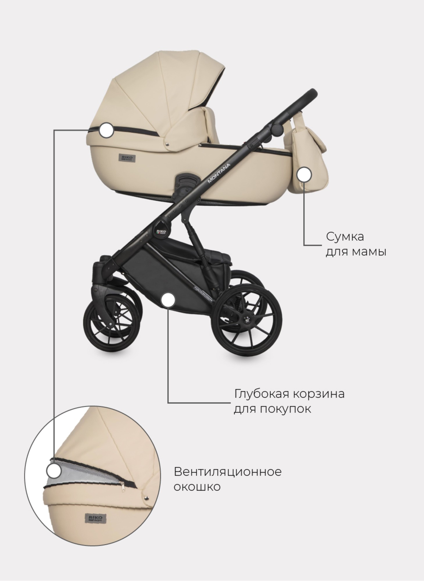 Детская коляска 2 в 1 Riko Basic Montana Ecco из экокожи | Реверсивный прогулочный блок | Регулируемая амортизация | Передние поворачиваемые колеса | Цвет - кремовый
