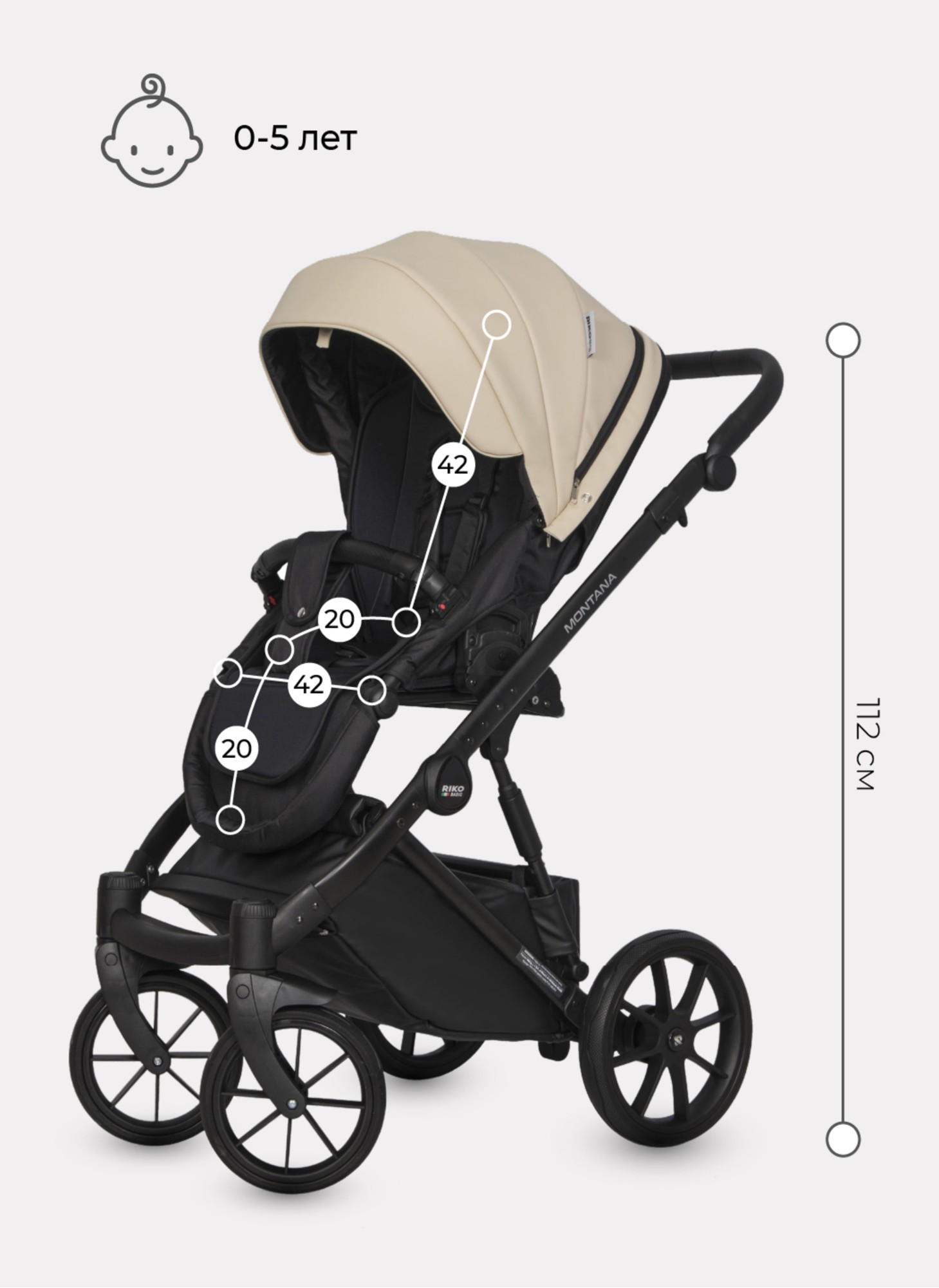 Детская коляска 2 в 1 Riko Basic Montana Ecco из экокожи | Реверсивный прогулочный блок | Регулируемая амортизация | Передние поворачиваемые колеса | Цвет - кремовый