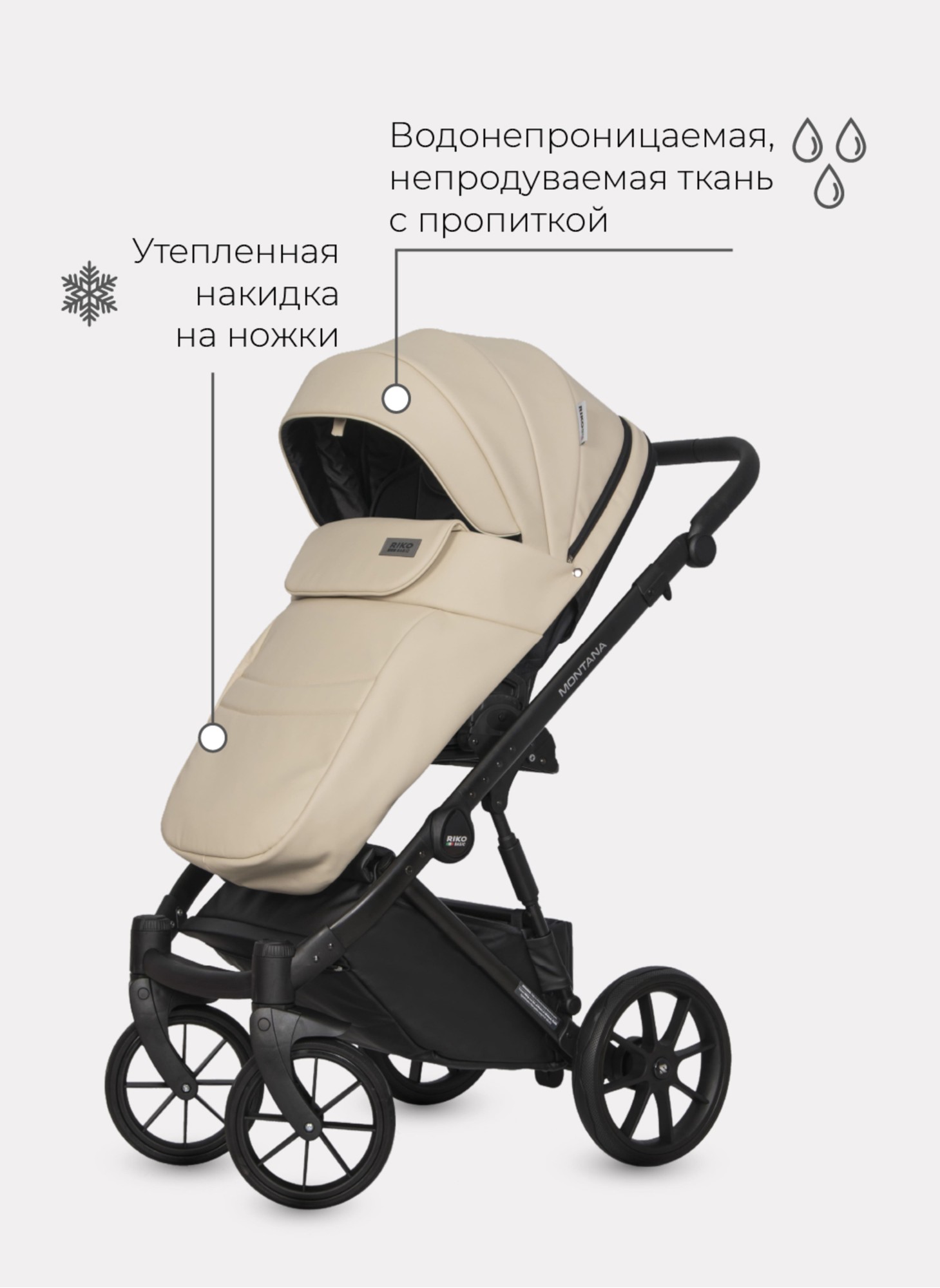Детская коляска 2 в 1 Riko Basic Montana Ecco из экокожи | Реверсивный прогулочный блок | Регулируемая амортизация | Передние поворачиваемые колеса | Цвет - кремовый