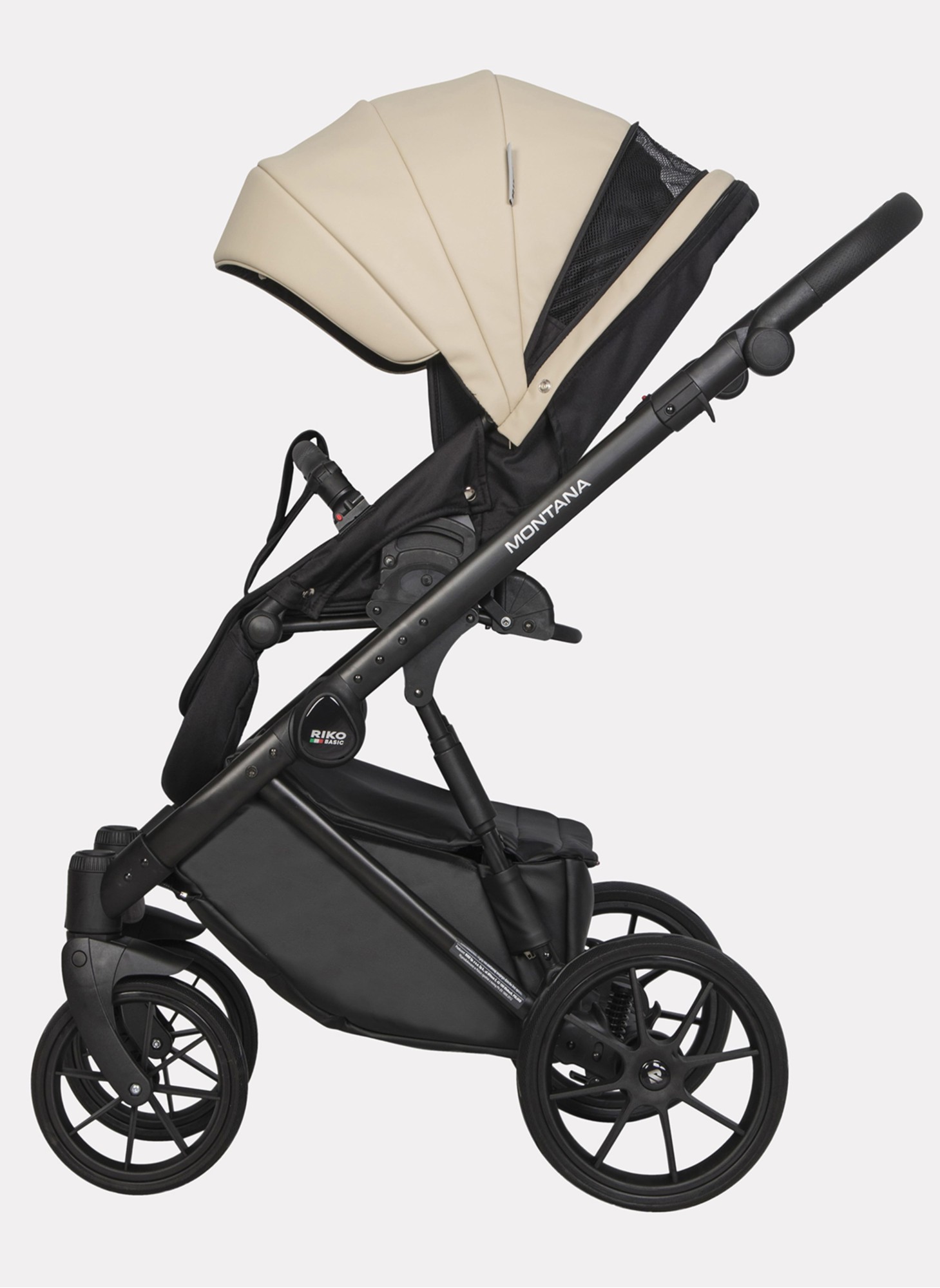 Детская коляска 2 в 1 Riko Basic Montana Ecco из экокожи | Реверсивный прогулочный блок | Регулируемая амортизация | Передние поворачиваемые колеса | Цвет - кремовый