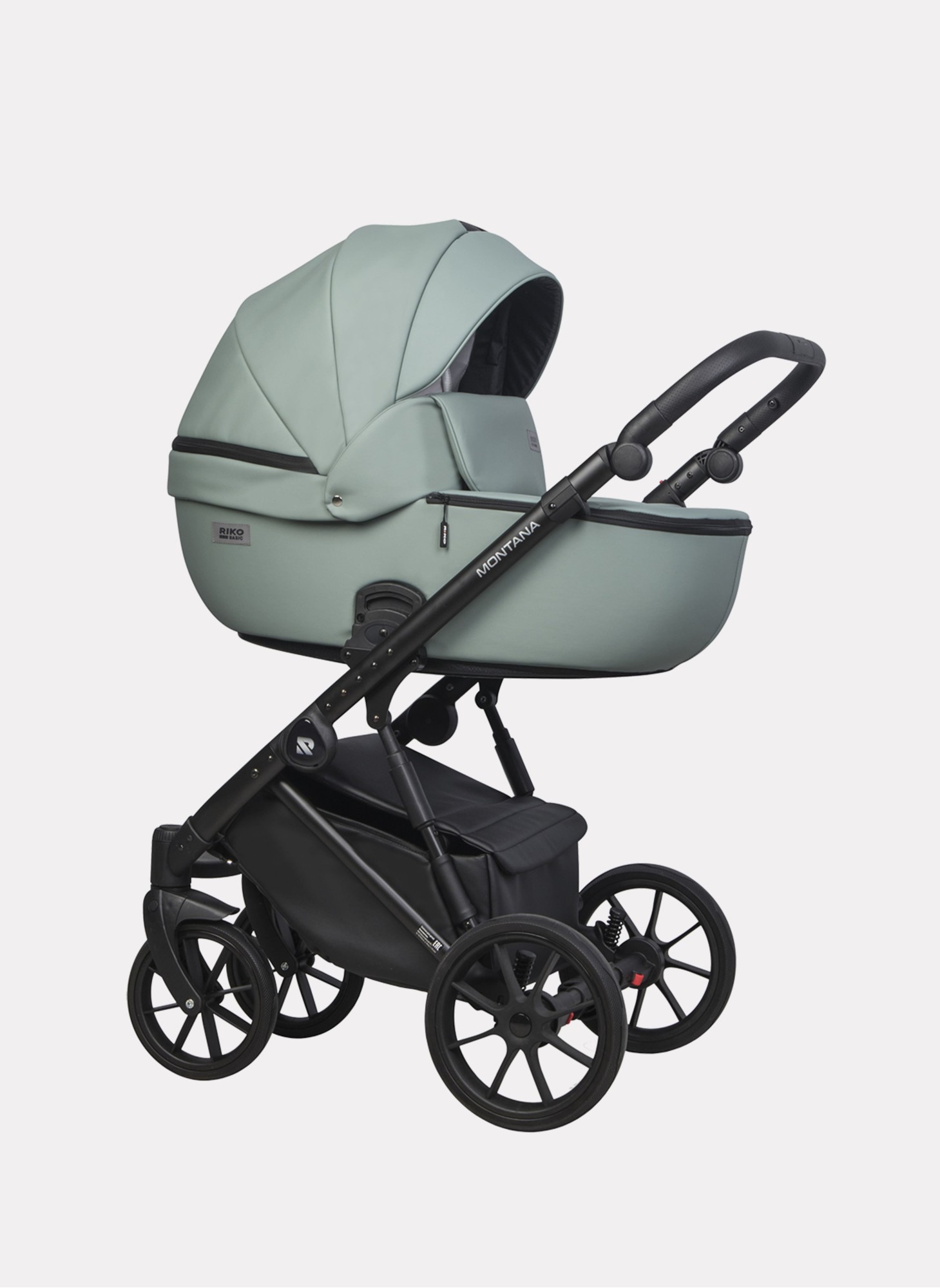 Детская коляска 2 в 1 Riko Basic Montana Ecco из экокожи | Реверсивный прогулочный блок | Регулируемая амортизация | Передние поворачиваемые колеса | Цвет - зеленый