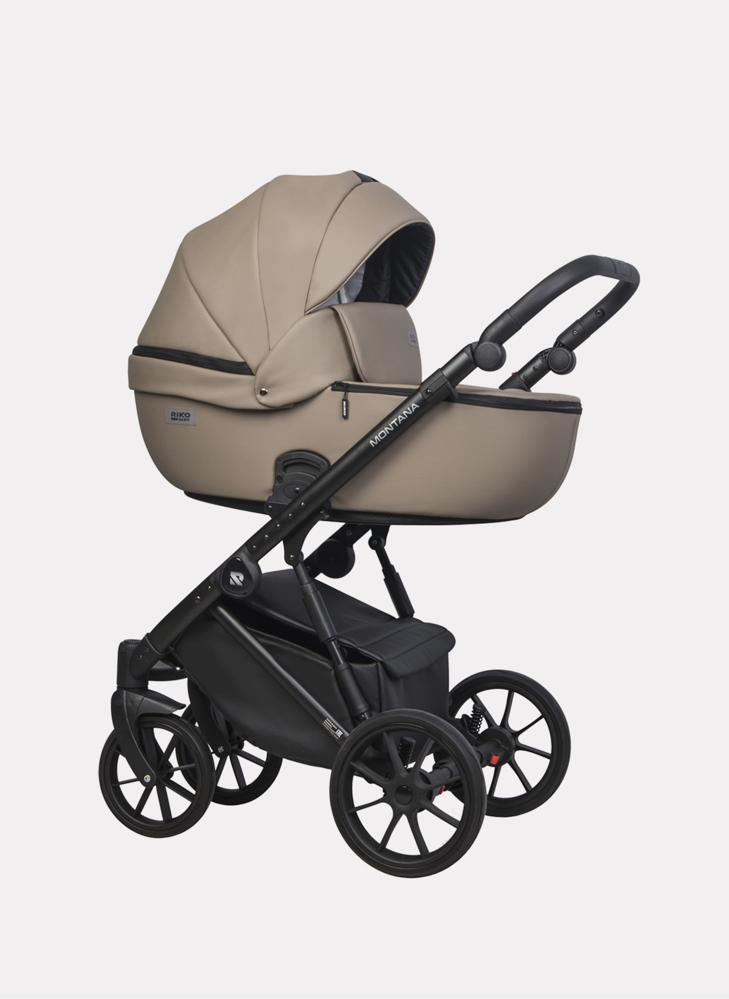 Детская коляска 2 в 1 Riko Basic Montana Ecco из экокожи | Реверсивный прогулочный блок | Регулируемая амортизация | Передние поворачиваемые колеса | Цвет - бежевый