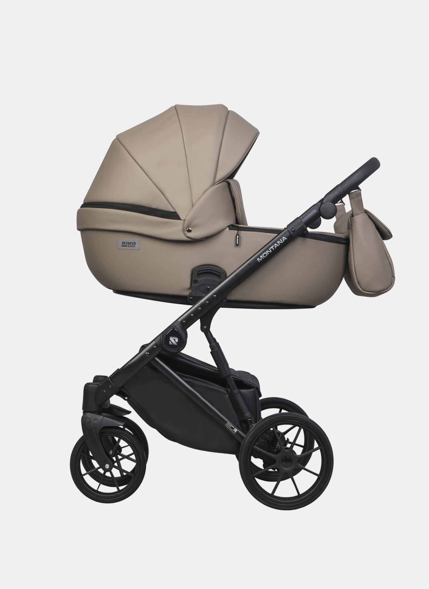 Детская коляска 2 в 1 Riko Basic Montana Ecco из экокожи | Реверсивный прогулочный блок | Регулируемая амортизация | Передние поворачиваемые колеса | Цвет - бежевый