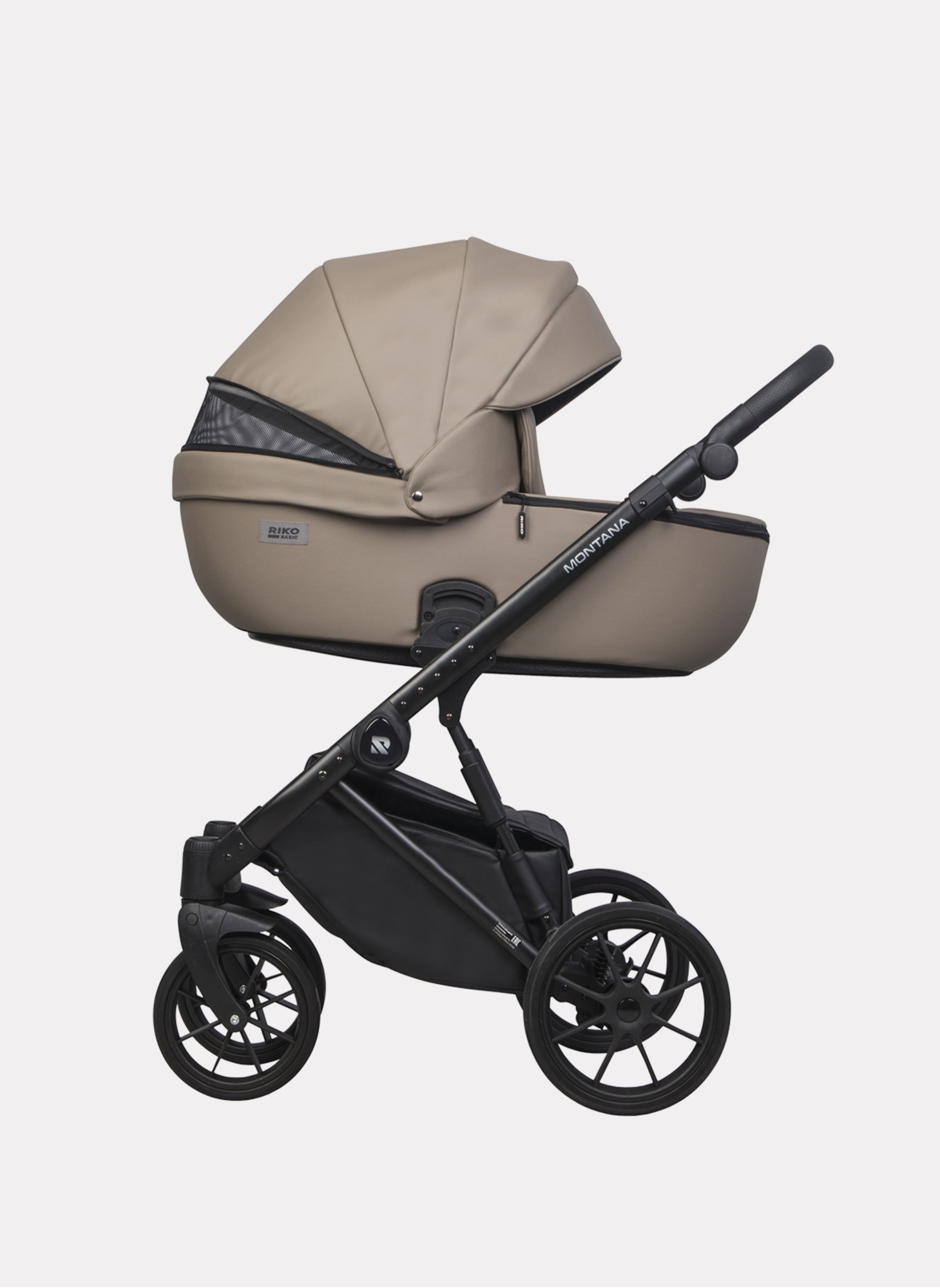 Детская коляска 2 в 1 Riko Basic Montana Ecco из экокожи | Реверсивный прогулочный блок | Регулируемая амортизация | Передние поворачиваемые колеса | Цвет - бежевый