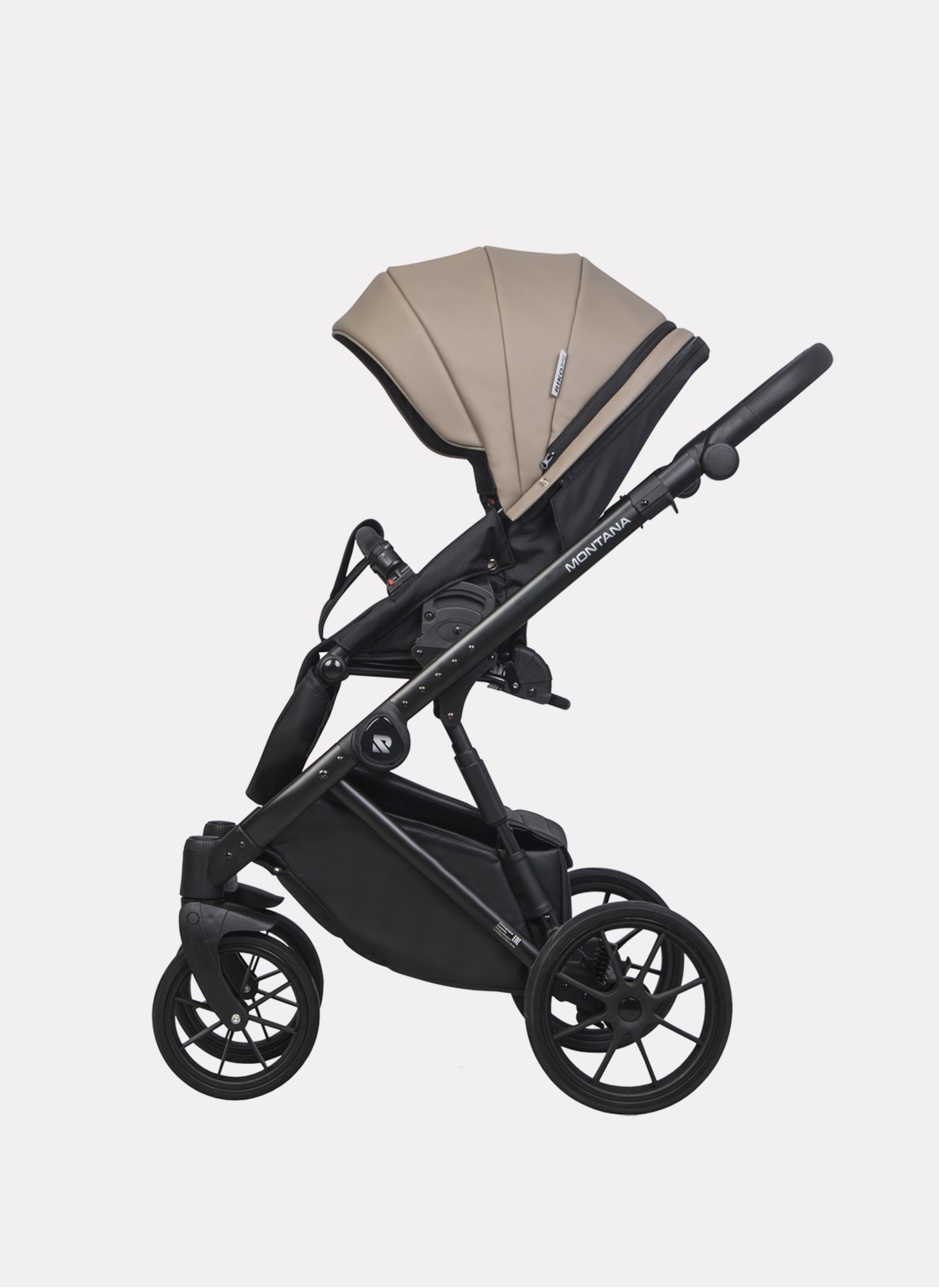 Детская коляска 2 в 1 Riko Basic Montana Ecco из экокожи | Реверсивный прогулочный блок | Регулируемая амортизация | Передние поворачиваемые колеса | Цвет - бежевый