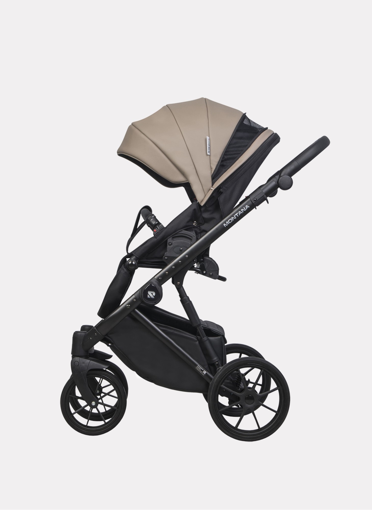 Детская коляска 2 в 1 Riko Basic Montana Ecco из экокожи | Реверсивный прогулочный блок | Регулируемая амортизация | Передние поворачиваемые колеса | Цвет - бежевый