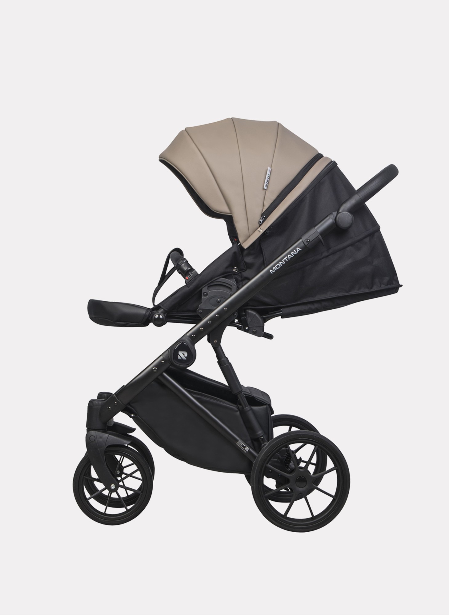 Детская коляска 2 в 1 Riko Basic Montana Ecco из экокожи | Реверсивный прогулочный блок | Регулируемая амортизация | Передние поворачиваемые колеса | Цвет - бежевый