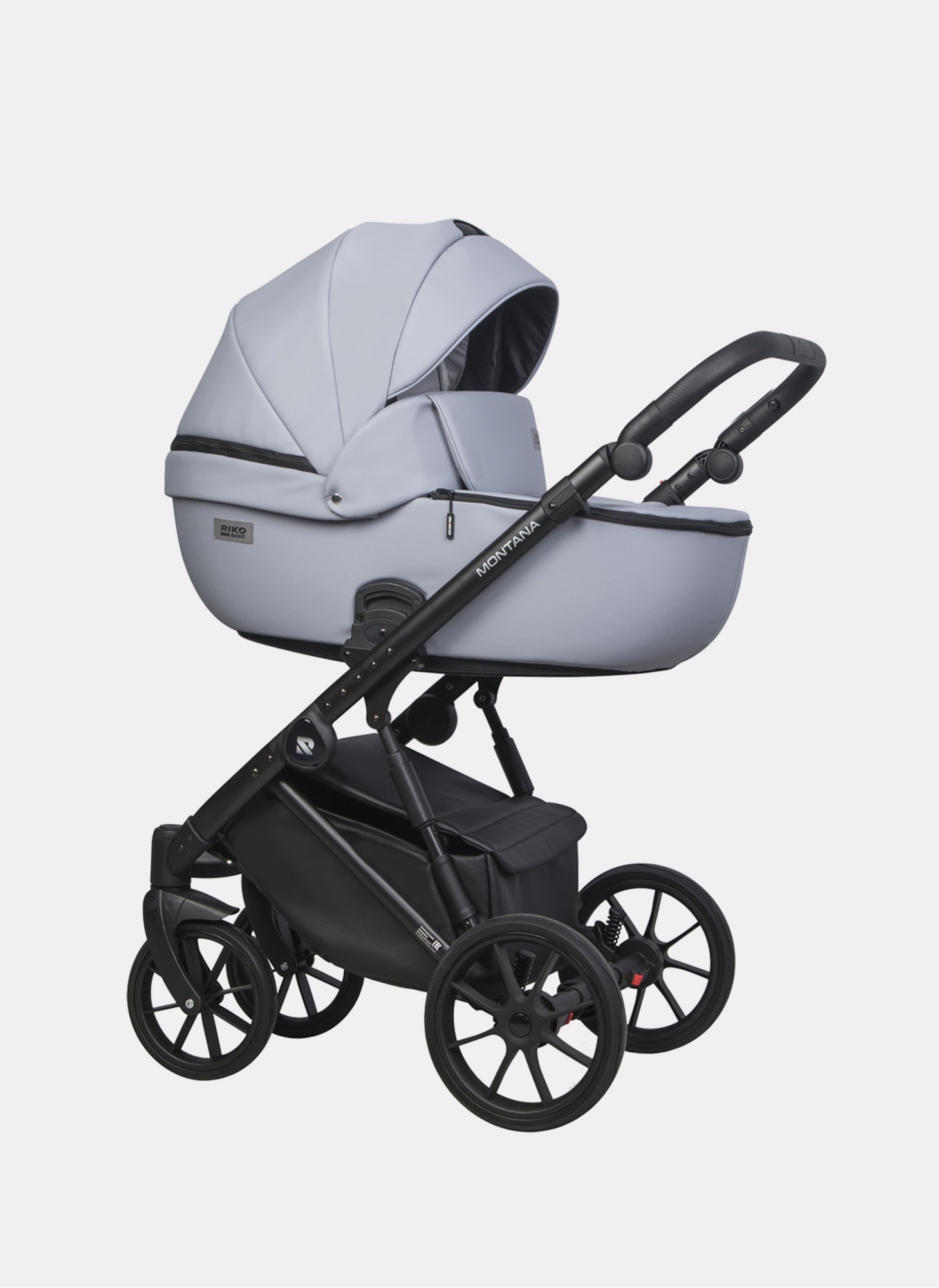 Детская коляска 2 в 1 Riko Basic Montana Ecco из экокожи | Реверсивный прогулочный блок | Регулируемая амортизация | Передние поворачиваемые колеса | Цвет - серый