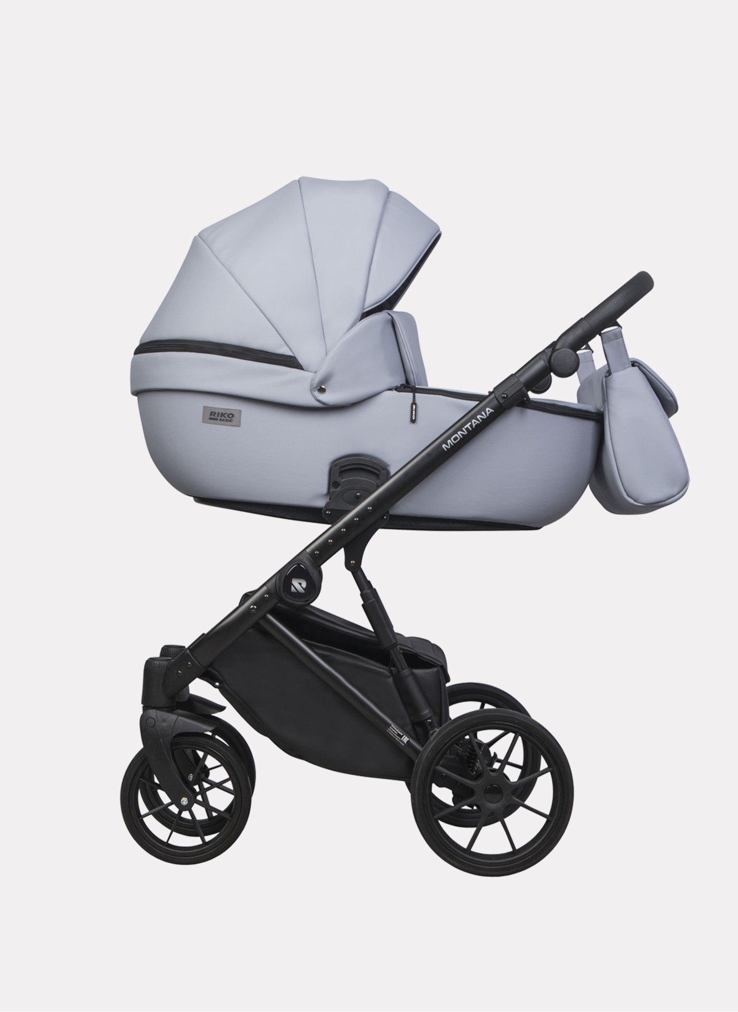 Детская коляска 2 в 1 Riko Basic Montana Ecco из экокожи | Реверсивный прогулочный блок | Регулируемая амортизация | Передние поворачиваемые колеса | Цвет - серый
