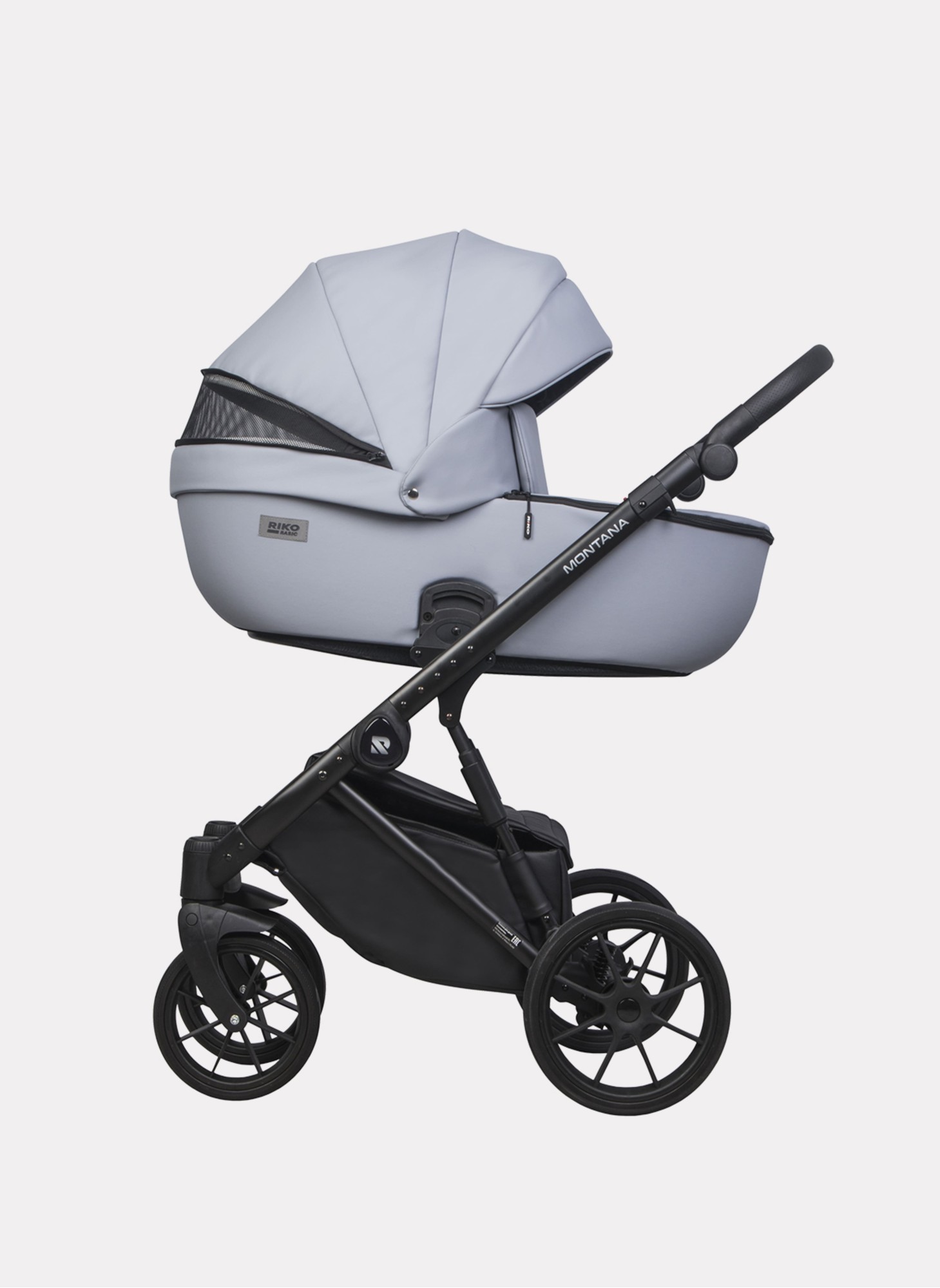 Детская коляска 2 в 1 Riko Basic Montana Ecco из экокожи | Реверсивный прогулочный блок | Регулируемая амортизация | Передние поворачиваемые колеса | Цвет - серый
