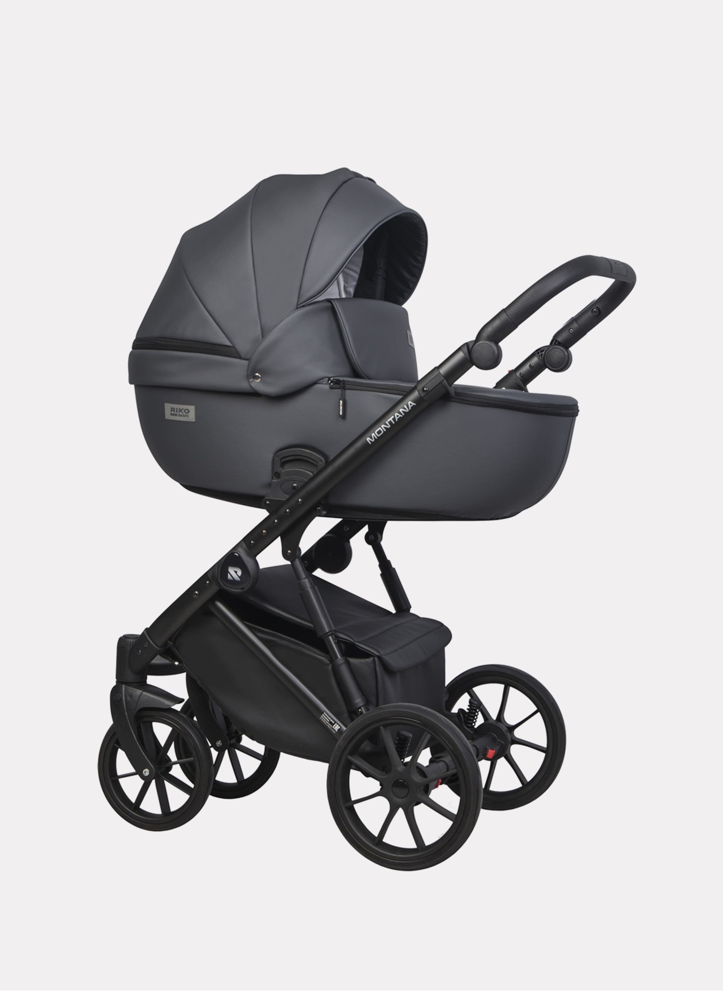 Детская коляска 2 в 1 Riko Basic Montana Ecco из экокожи | Реверсивный прогулочный блок | Регулируемая амортизация | Передние поворачиваемые колеса | Цвет - графитовый