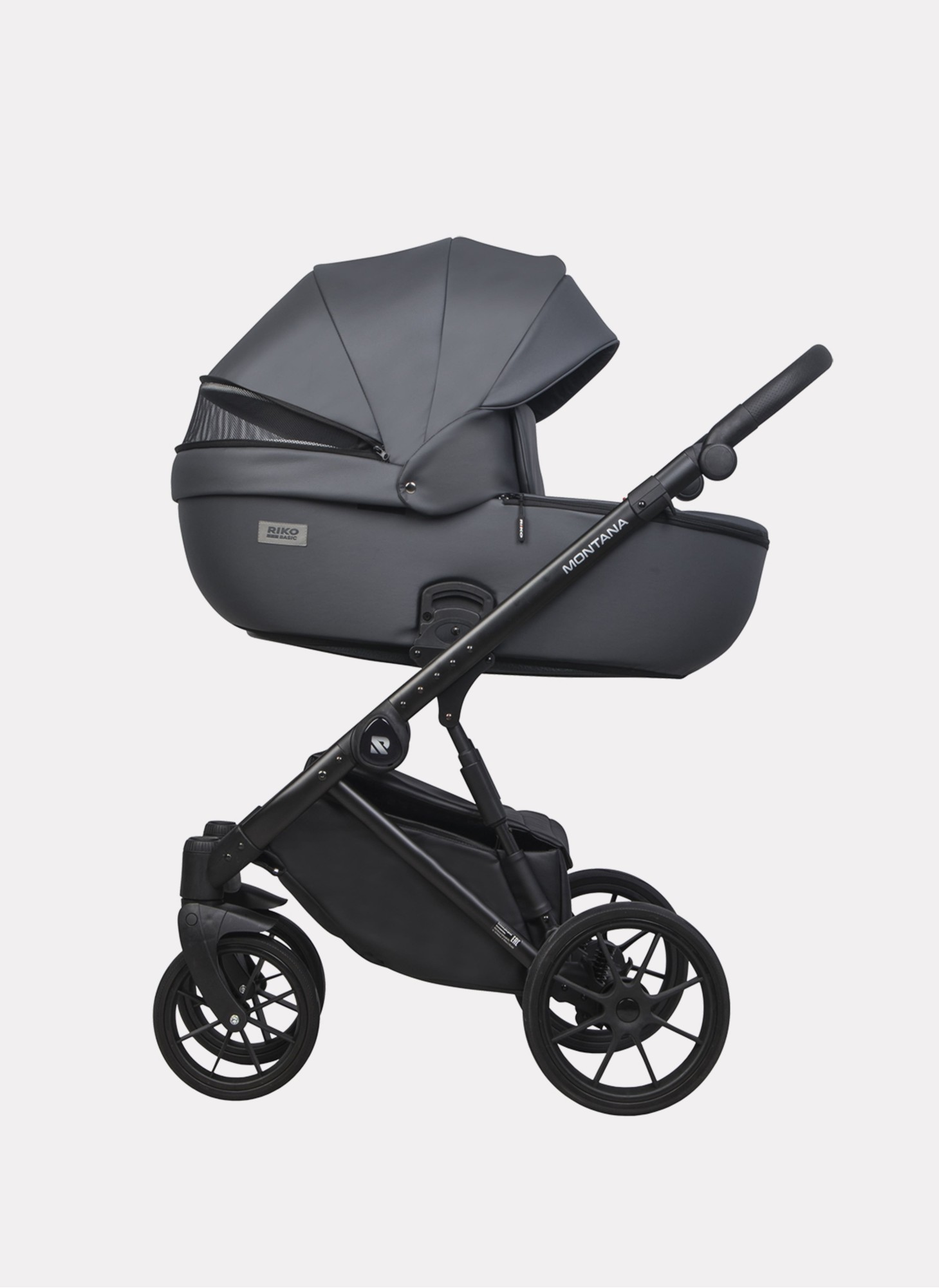 Детская коляска 2 в 1 Riko Basic Montana Ecco из экокожи | Реверсивный прогулочный блок | Регулируемая амортизация | Передние поворачиваемые колеса | Цвет - графитовый