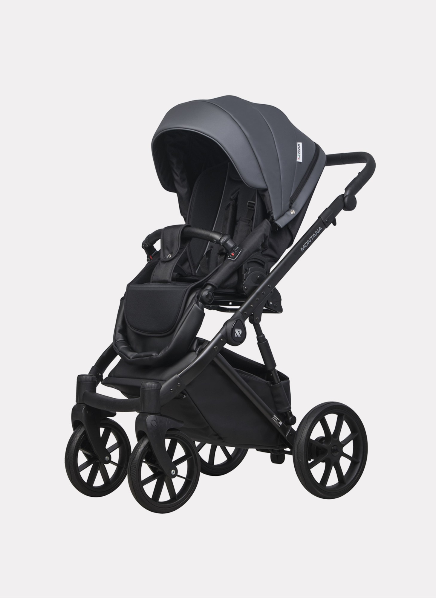 Детская коляска 2 в 1 Riko Basic Montana Ecco из экокожи | Реверсивный прогулочный блок | Регулируемая амортизация | Передние поворачиваемые колеса | Цвет - графитовый