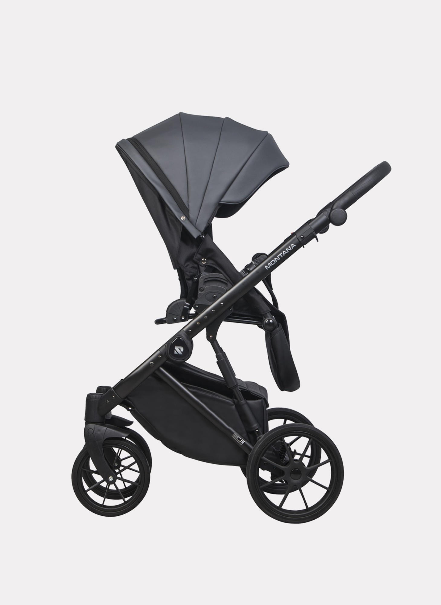 Детская коляска 2 в 1 Riko Basic Montana Ecco из экокожи | Реверсивный прогулочный блок | Регулируемая амортизация | Передние поворачиваемые колеса | Цвет - графитовый