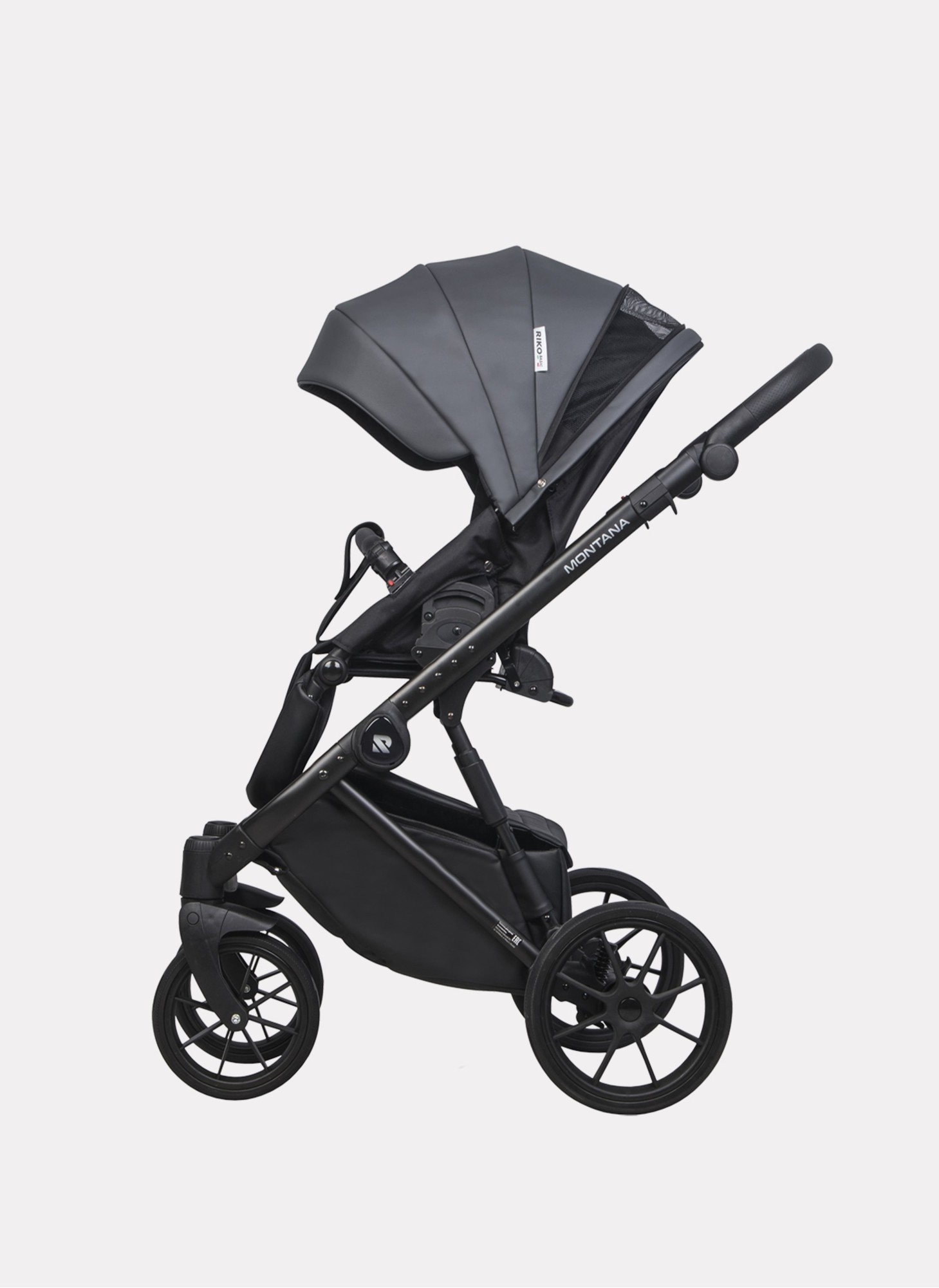 Детская коляска 2 в 1 Riko Basic Montana Ecco из экокожи | Реверсивный прогулочный блок | Регулируемая амортизация | Передние поворачиваемые колеса | Цвет - графитовый
