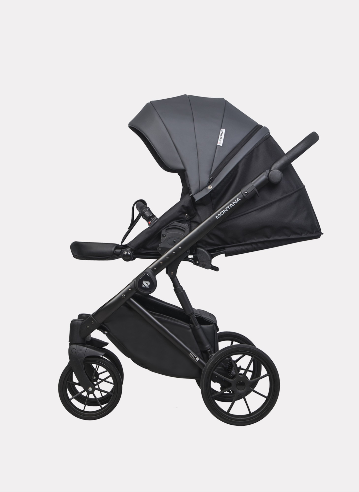 Детская коляска 2 в 1 Riko Basic Montana Ecco из экокожи | Реверсивный прогулочный блок | Регулируемая амортизация | Передние поворачиваемые колеса | Цвет - графитовый