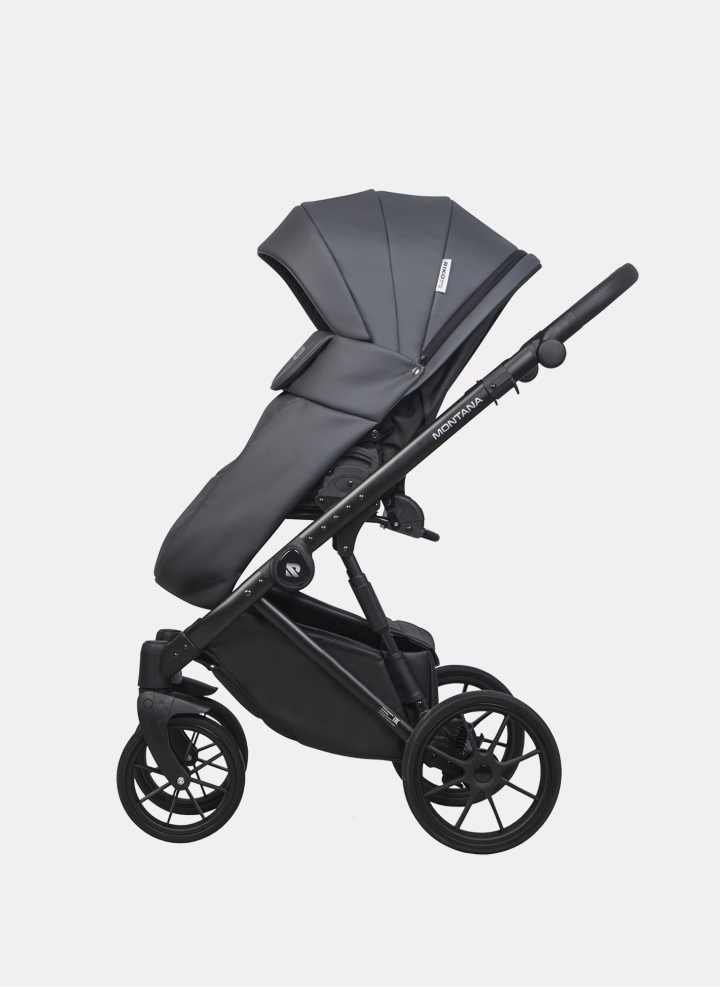 Детская коляска 2 в 1 Riko Basic Montana Ecco из экокожи | Реверсивный прогулочный блок | Регулируемая амортизация | Передние поворачиваемые колеса | Цвет - графитовый
