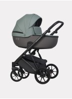 Детская коляска 2 в 1 Riko Basic Montana Ecco из экокожи | Реверсивный прогулочный блок | Регулируемая амортизация | Передние поворачиваемые колеса | Цвет - серый и зеленый