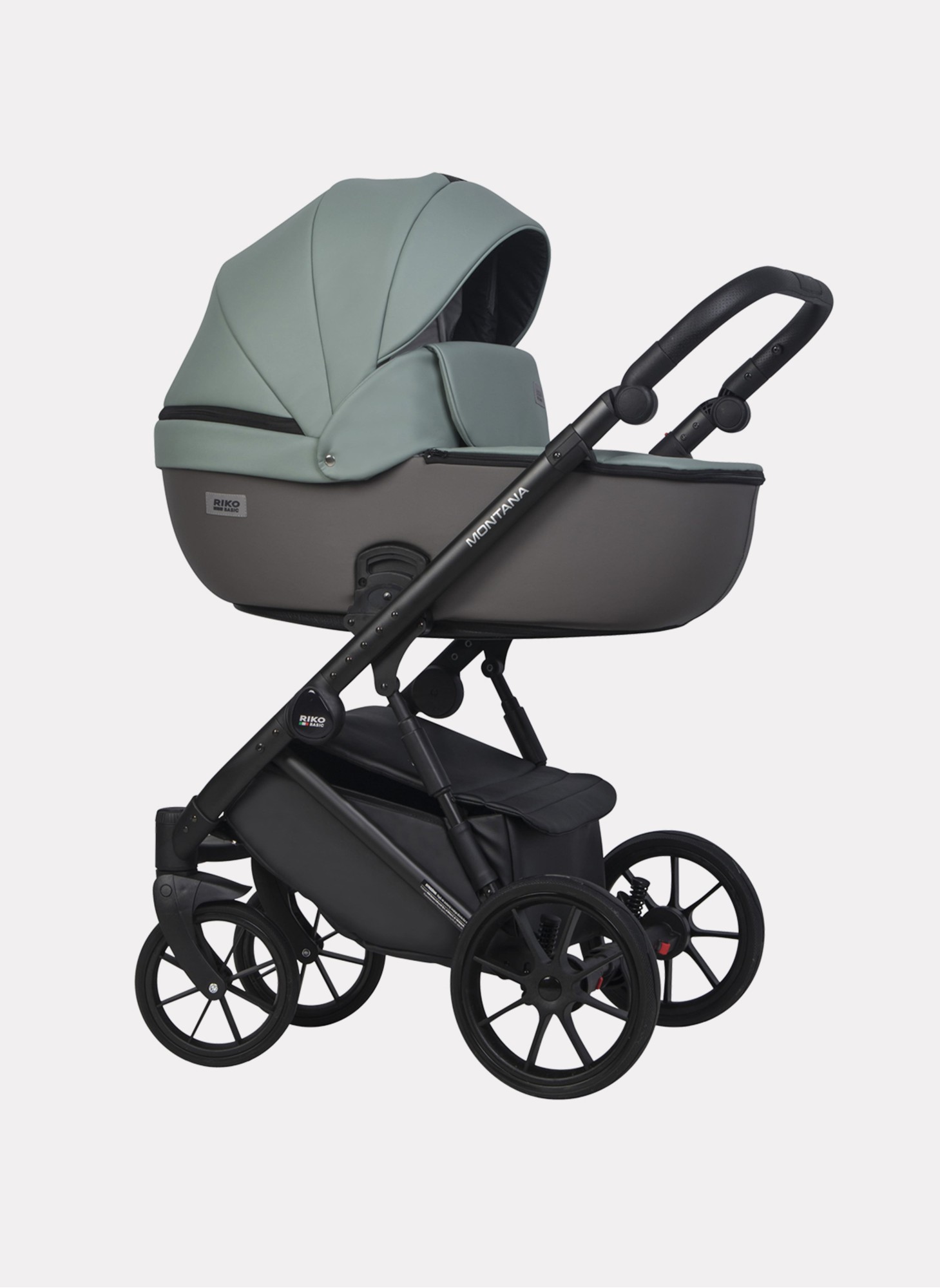 Детская коляска 2 в 1 Riko Basic Montana Ecco из экокожи | Реверсивный прогулочный блок | Регулируемая амортизация | Передние поворачиваемые колеса | Цвет - серый и зеленый