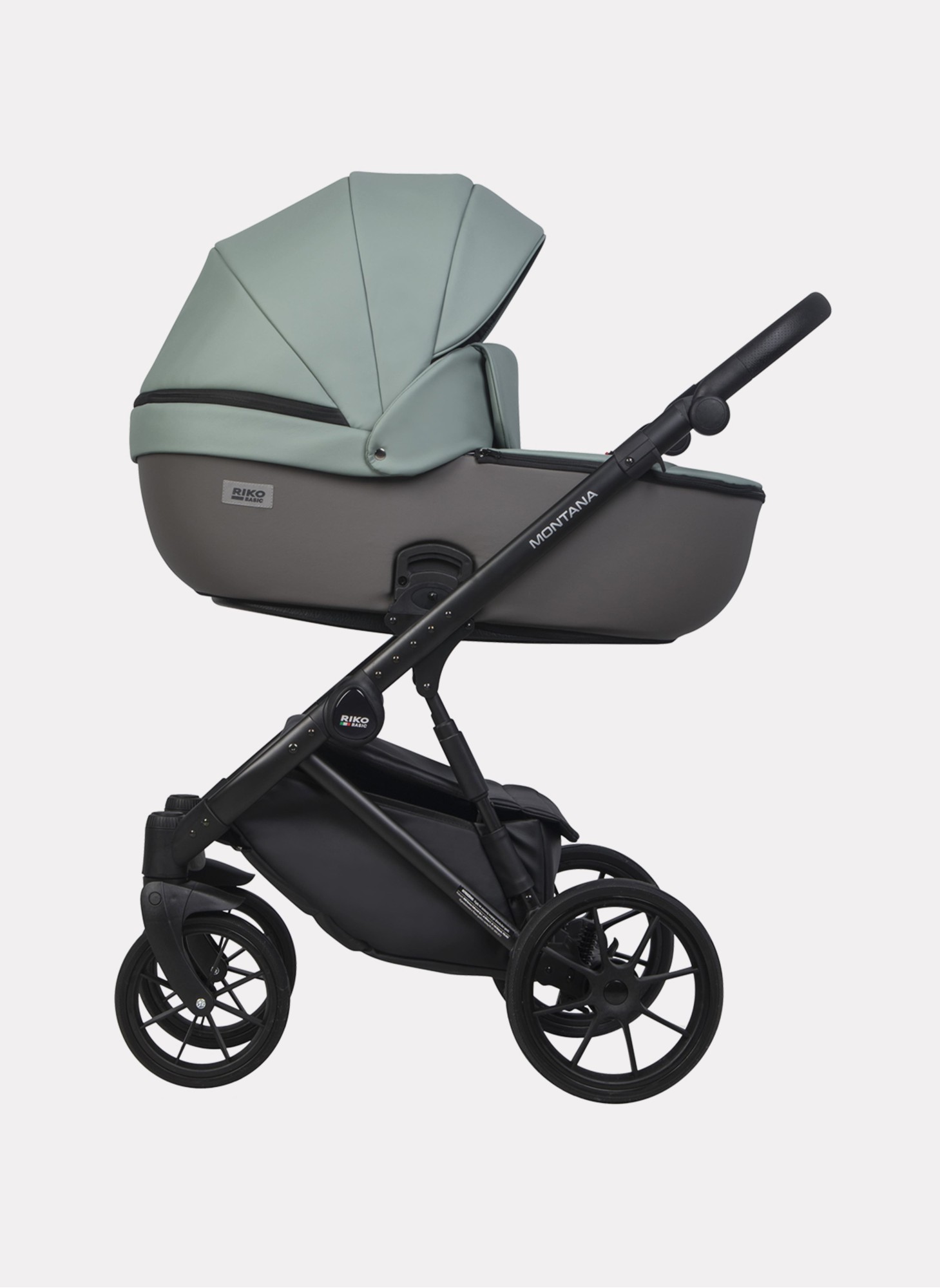 Детская коляска 2 в 1 Riko Basic Montana Ecco из экокожи | Реверсивный прогулочный блок | Регулируемая амортизация | Передние поворачиваемые колеса | Цвет - серый и зеленый