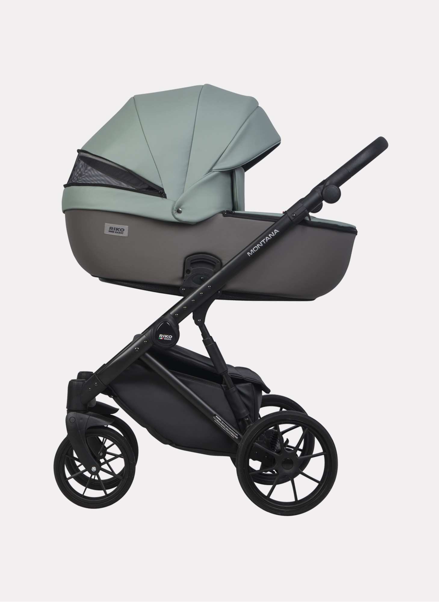 Детская коляска 2 в 1 Riko Basic Montana Ecco из экокожи | Реверсивный прогулочный блок | Регулируемая амортизация | Передние поворачиваемые колеса | Цвет - серый и зеленый