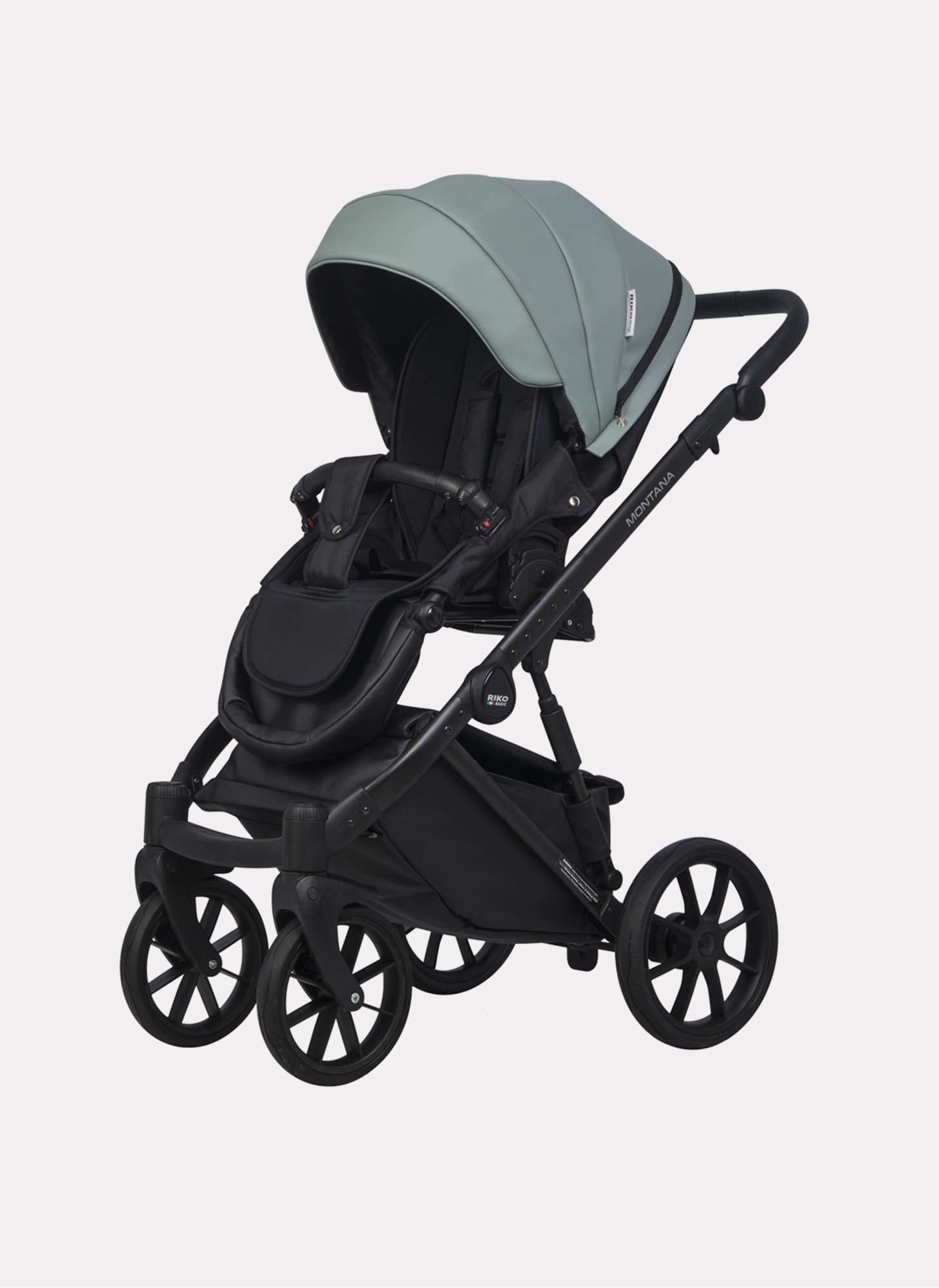 Детская коляска 2 в 1 Riko Basic Montana Ecco из экокожи | Реверсивный прогулочный блок | Регулируемая амортизация | Передние поворачиваемые колеса | Цвет - серый и зеленый