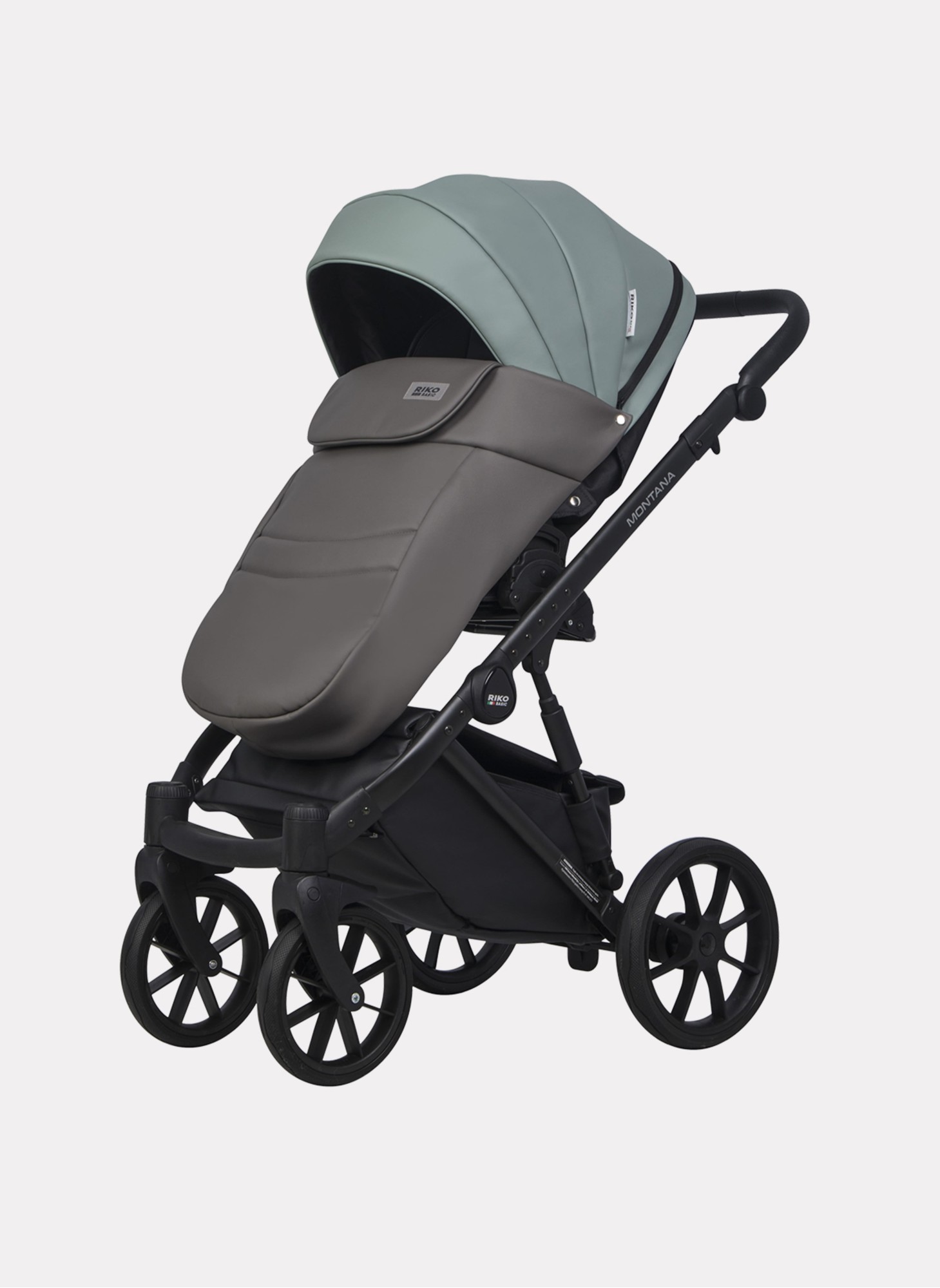 Детская коляска 2 в 1 Riko Basic Montana Ecco из экокожи | Реверсивный прогулочный блок | Регулируемая амортизация | Передние поворачиваемые колеса | Цвет - серый и зеленый
