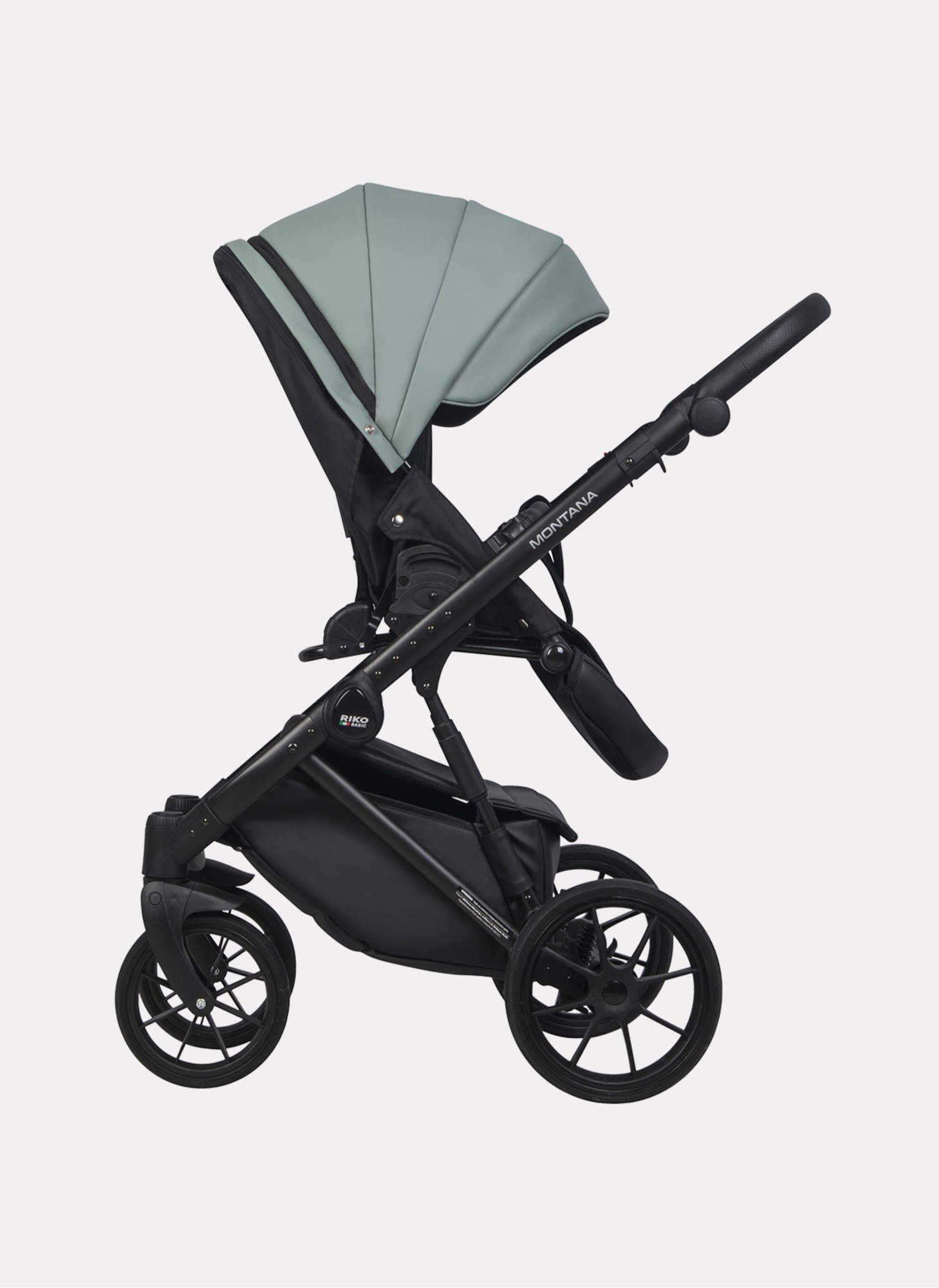 Детская коляска 2 в 1 Riko Basic Montana Ecco из экокожи | Реверсивный прогулочный блок | Регулируемая амортизация | Передние поворачиваемые колеса | Цвет - серый и зеленый