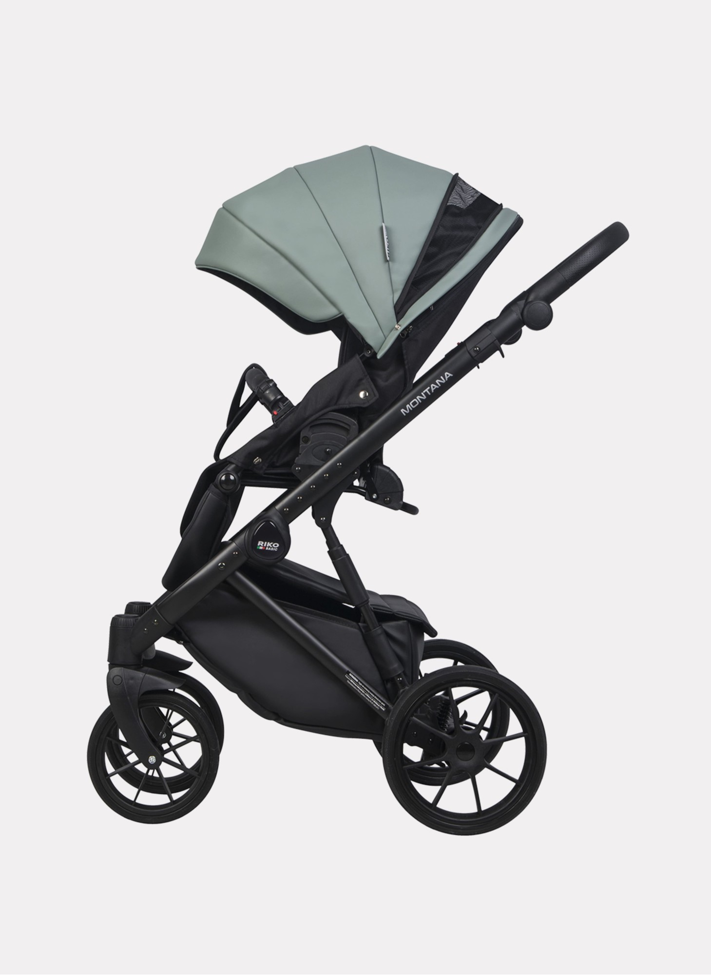 Детская коляска 2 в 1 Riko Basic Montana Ecco из экокожи | Реверсивный прогулочный блок | Регулируемая амортизация | Передние поворачиваемые колеса | Цвет - серый и зеленый