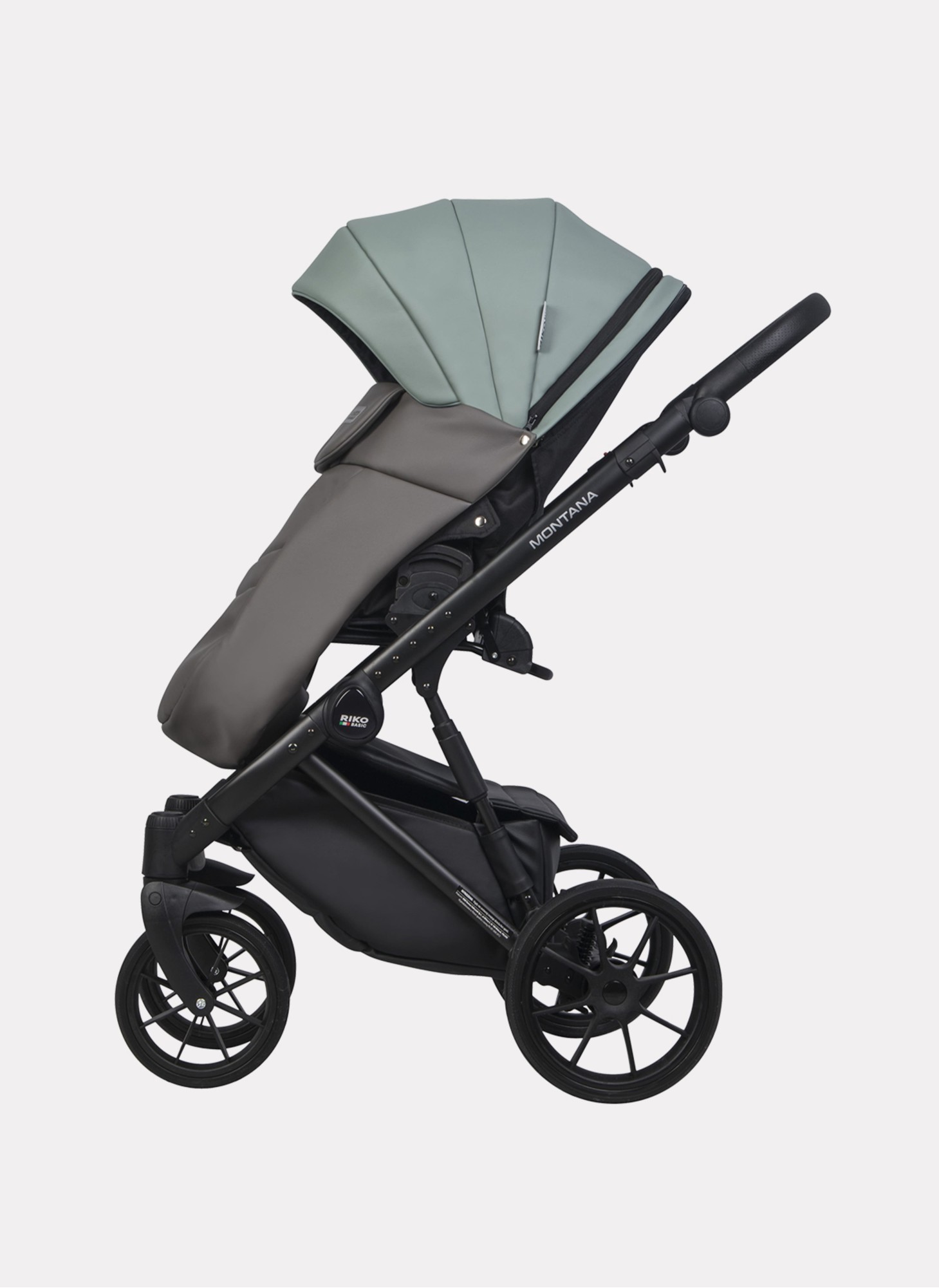 Детская коляска 2 в 1 Riko Basic Montana Ecco из экокожи | Реверсивный прогулочный блок | Регулируемая амортизация | Передние поворачиваемые колеса | Цвет - серый и зеленый