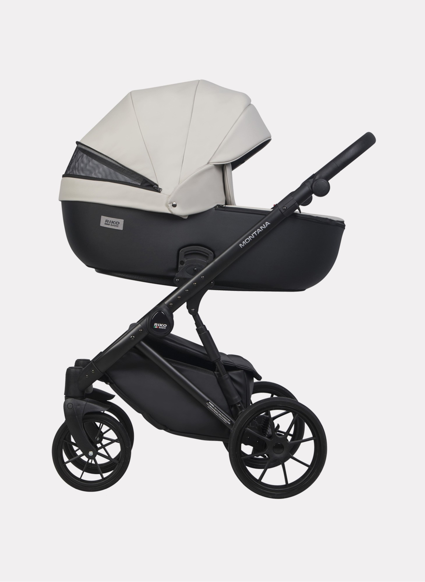 Детская коляска 2 в 1 Riko Basic Montana Ecco из экокожи | Реверсивный прогулочный блок | Регулируемая амортизация | Передние поворачиваемые колеса | Цвет - серый и черный