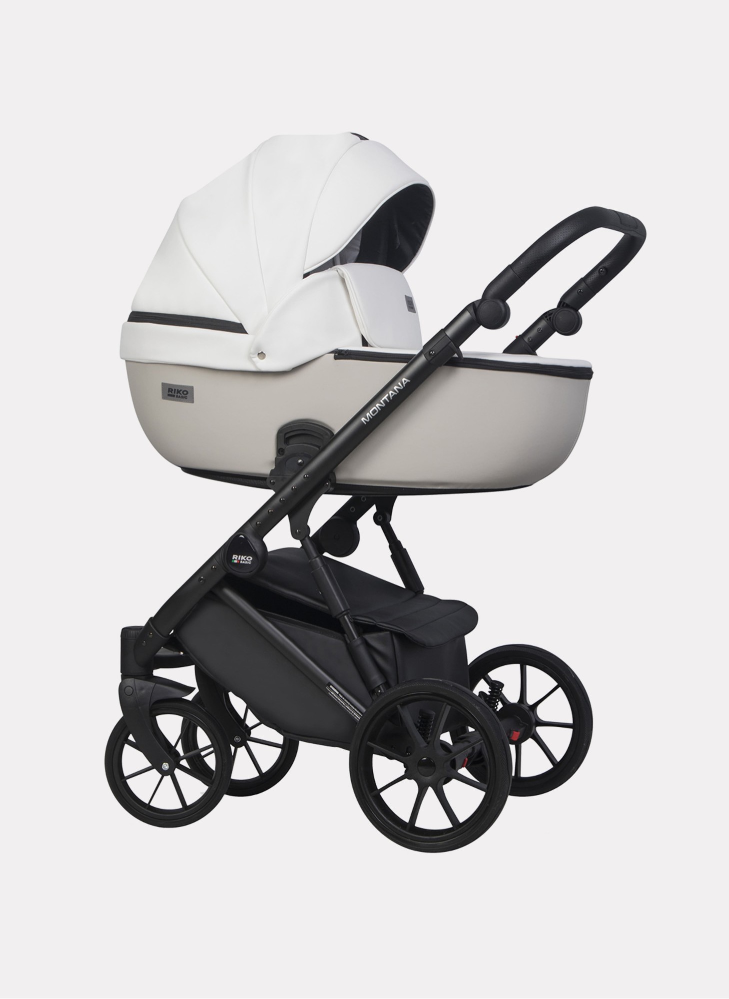 Детская коляска 2 в 1 Riko Basic Montana Ecco из экокожи | Реверсивный прогулочный блок | Регулируемая амортизация | Передние поворачиваемые колеса | Цвет - белый и серый
