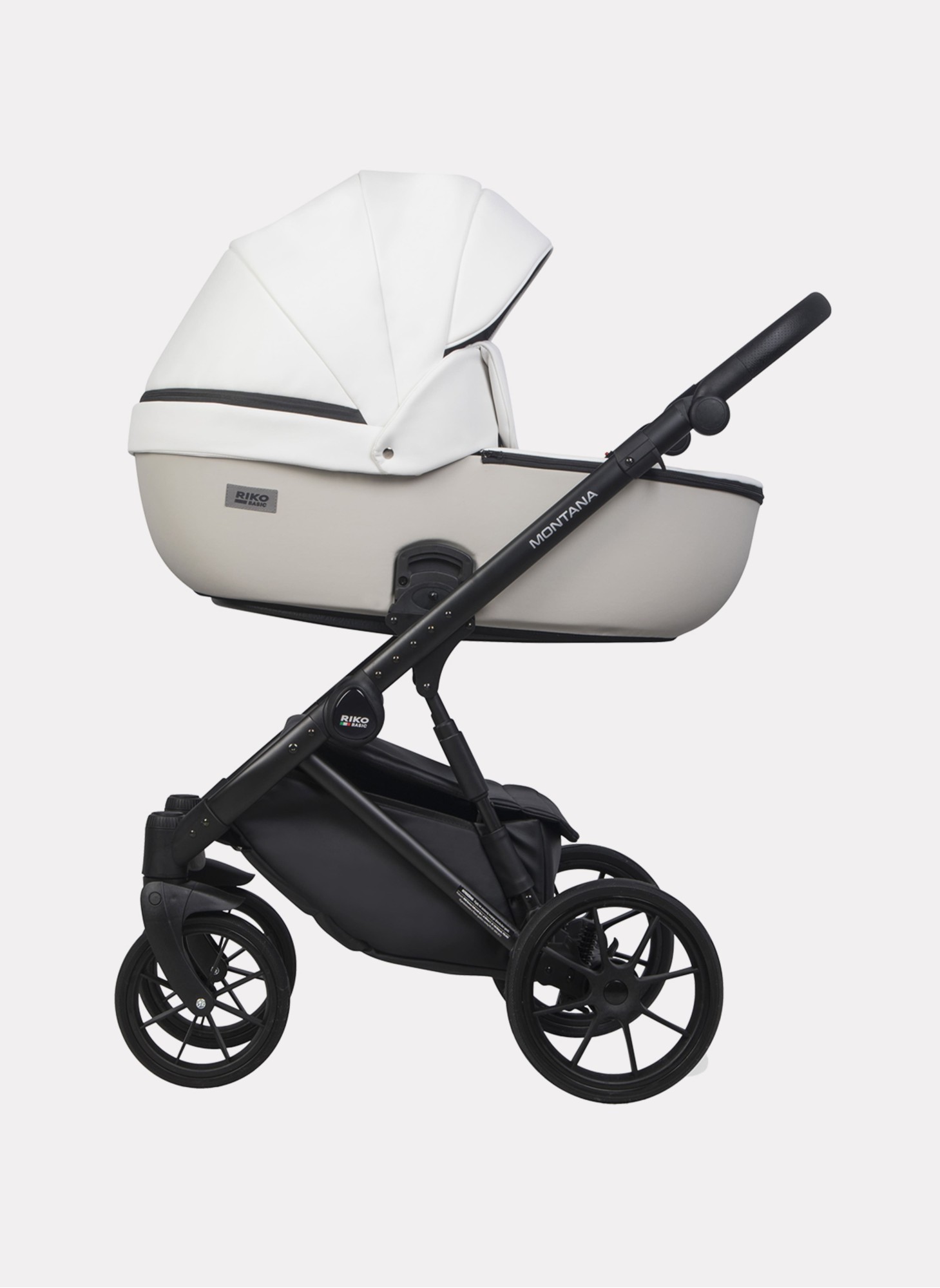 Детская коляска 2 в 1 Riko Basic Montana Ecco из экокожи | Реверсивный прогулочный блок | Регулируемая амортизация | Передние поворачиваемые колеса | Цвет - белый и серый