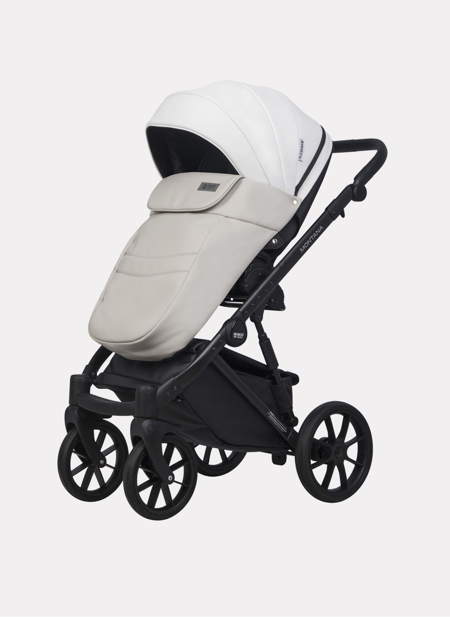 Детская коляска 2 в 1 Riko Basic Montana Ecco из экокожи | Реверсивный прогулочный блок | Регулируемая амортизация | Передние поворачиваемые колеса | Цвет - белый и серый