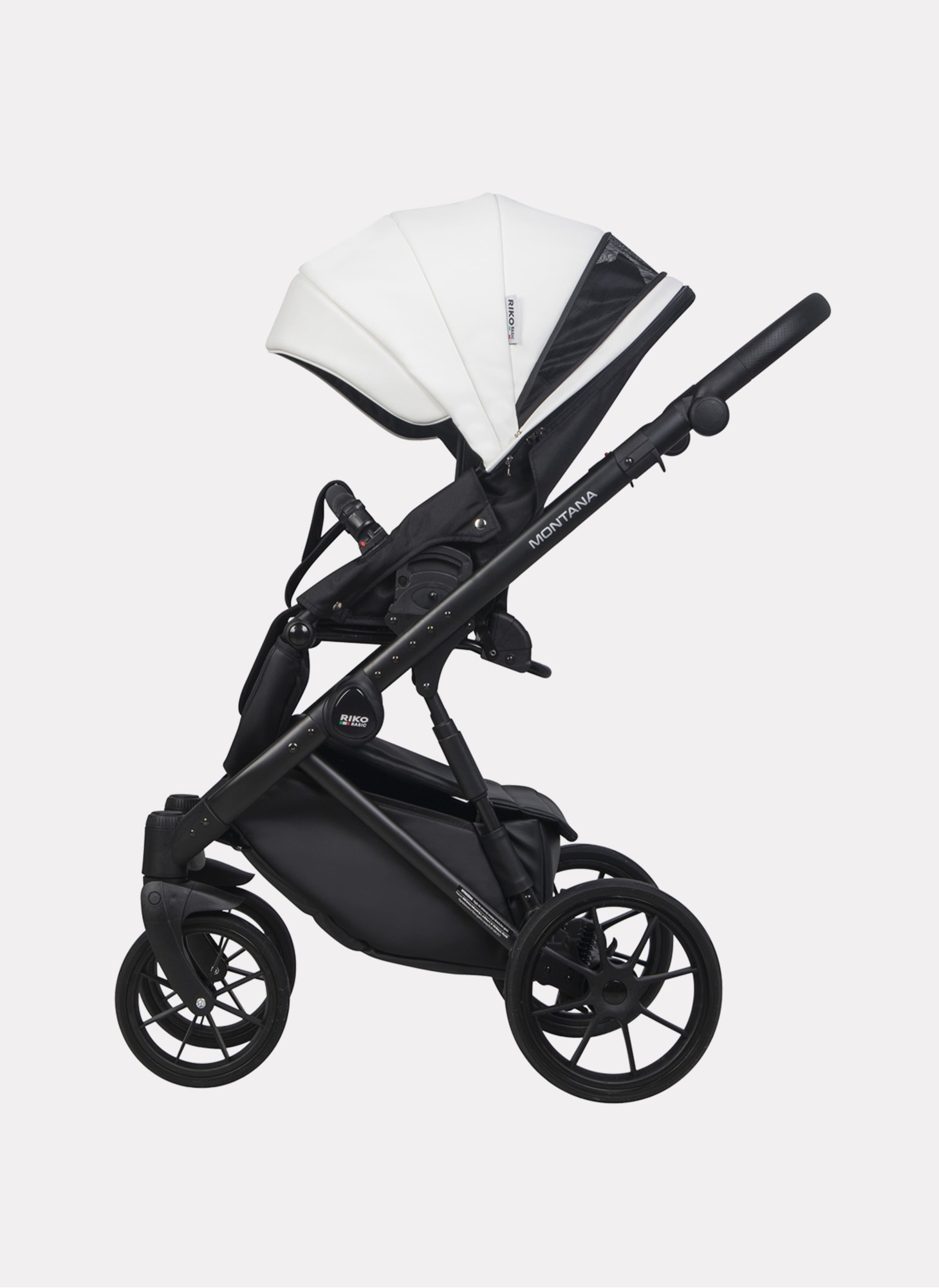 Детская коляска 2 в 1 Riko Basic Montana Ecco из экокожи | Реверсивный прогулочный блок | Регулируемая амортизация | Передние поворачиваемые колеса | Цвет - белый и серый