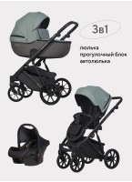 Детская коляска 3 в 1 Riko Basic Montana Ecco из экокожи | Реверсивный прогулочный блок | Регулируемая амортизация | Передние поворачиваемые колеса | Цвет - серый и зеленый
