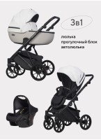 Детская коляска 3 в 1 Riko Basic Montana Ecco из экокожи | Реверсивный прогулочный блок | Регулируемая амортизация | Передние поворачиваемые колеса | Цвет - белый и серый