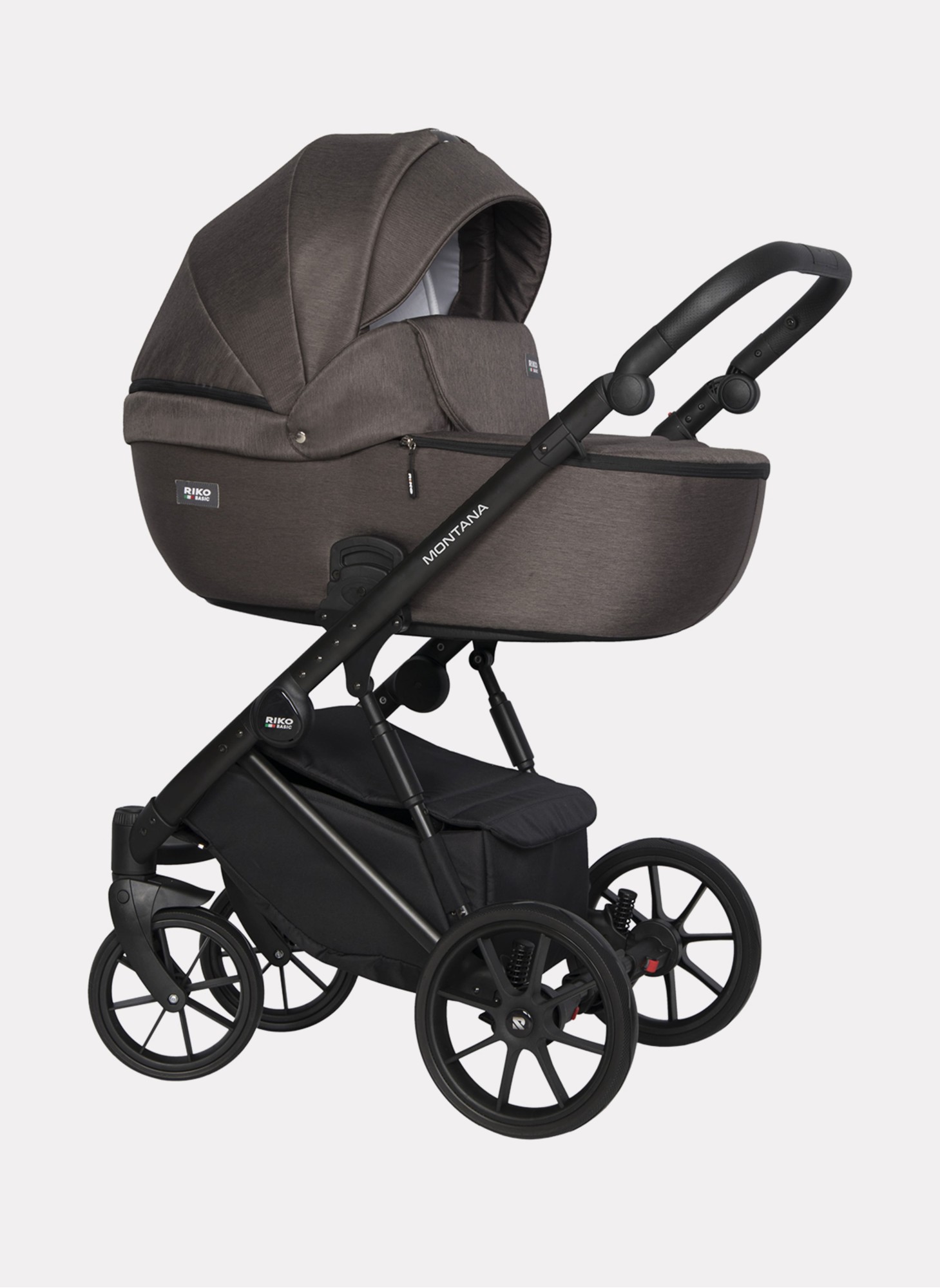 Детская коляска 2 в 1 Riko Basic Montana | Реверсивный прогулочный блок | Пружинная амортизация | Передние поворачиваемые колеса с фиксацией | Цвет - коричневый