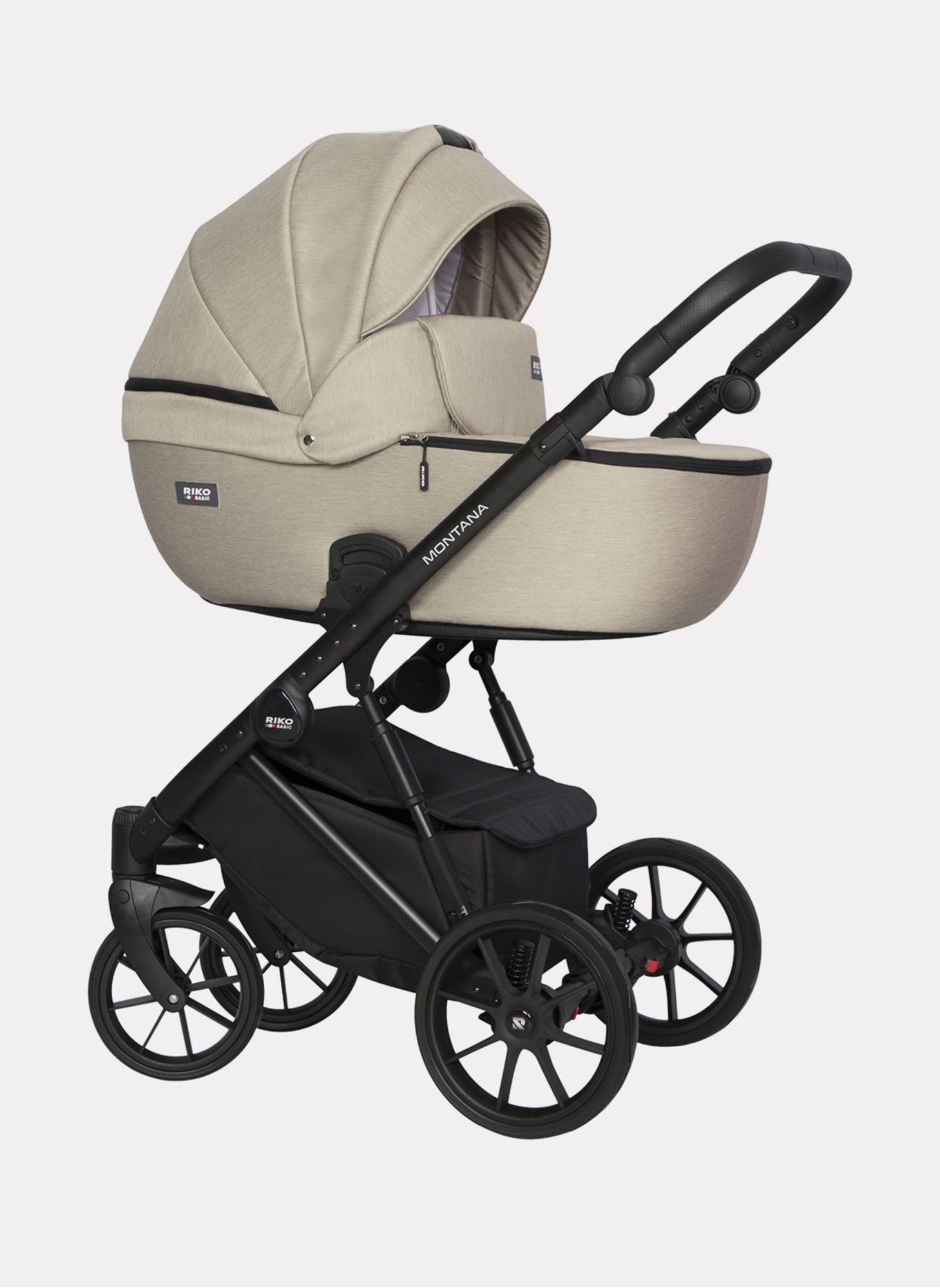 Детская коляска 2 в 1 Riko Basic Montana | Реверсивный прогулочный блок | Пружинная амортизация | Передние поворачиваемые колеса с фиксацией | Цвет - бежевый