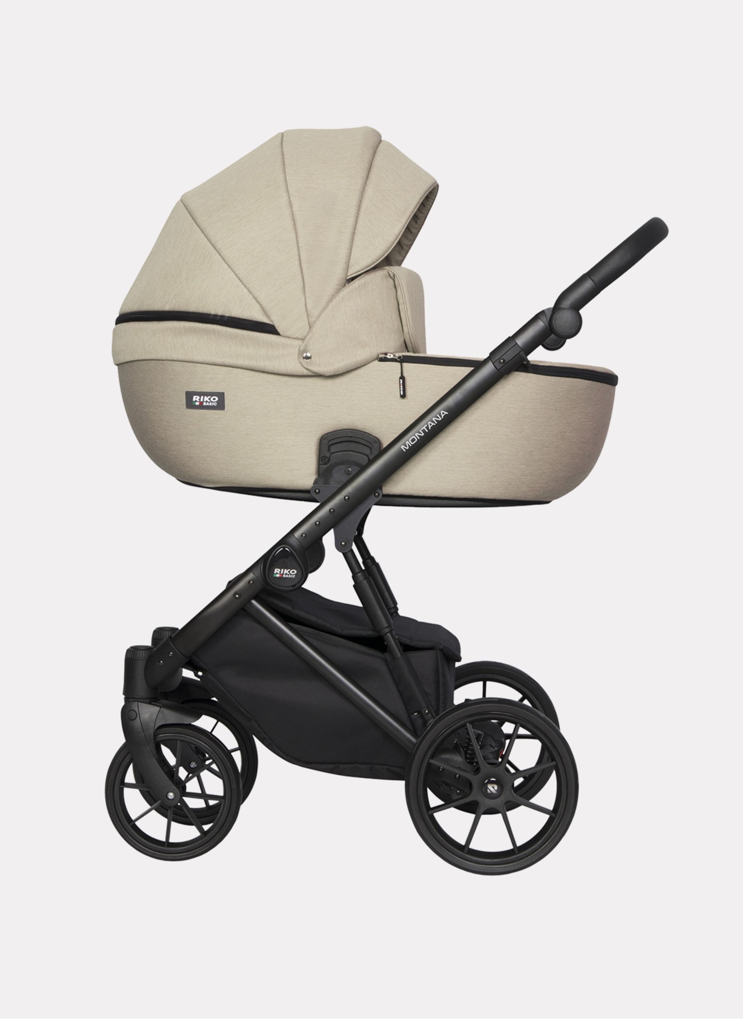 Детская коляска 2 в 1 Riko Basic Montana | Реверсивный прогулочный блок | Пружинная амортизация | Передние поворачиваемые колеса с фиксацией | Цвет - бежевый