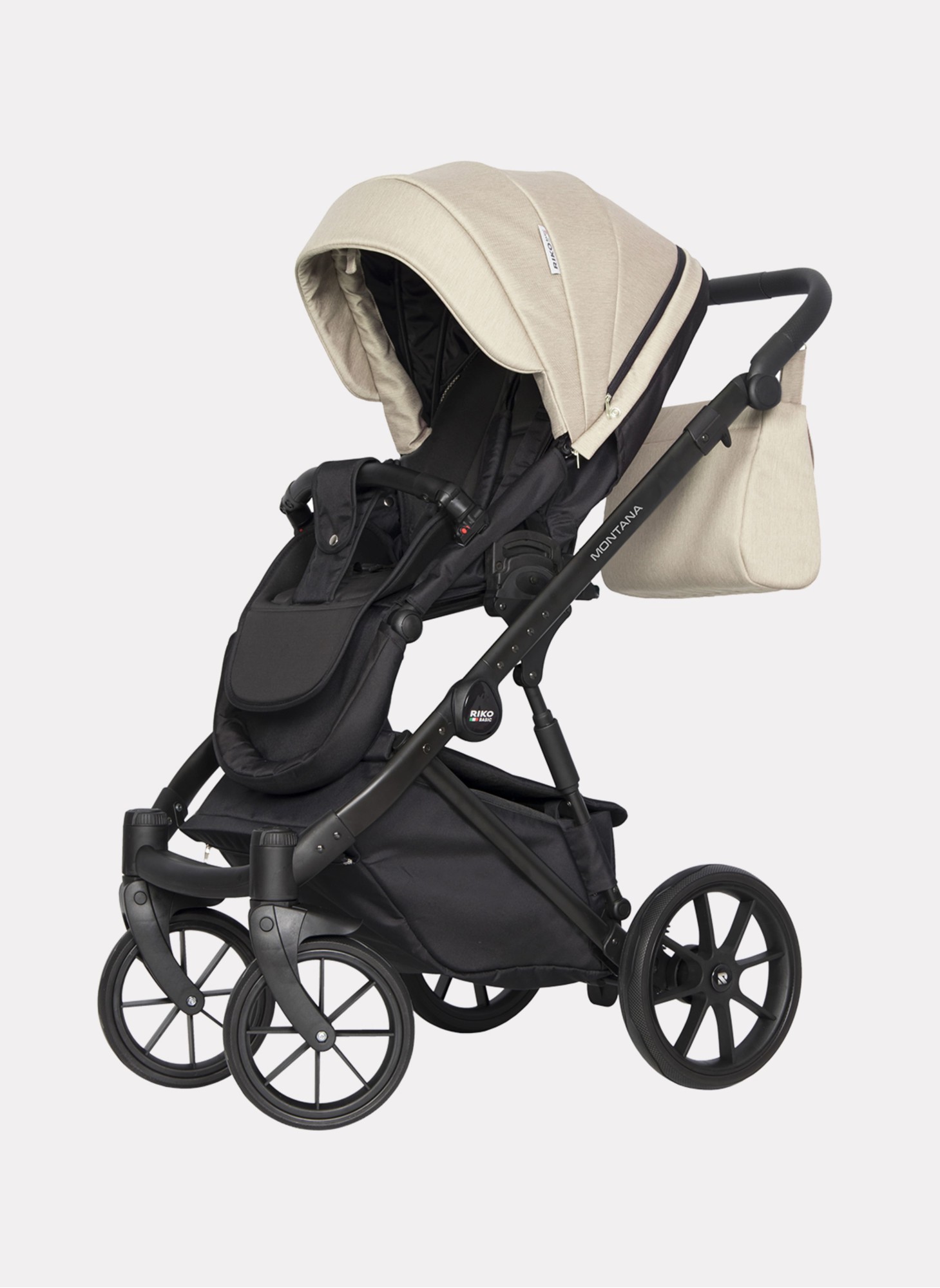 Детская коляска 2 в 1 Riko Basic Montana | Реверсивный прогулочный блок | Пружинная амортизация | Передние поворачиваемые колеса с фиксацией | Цвет - бежевый