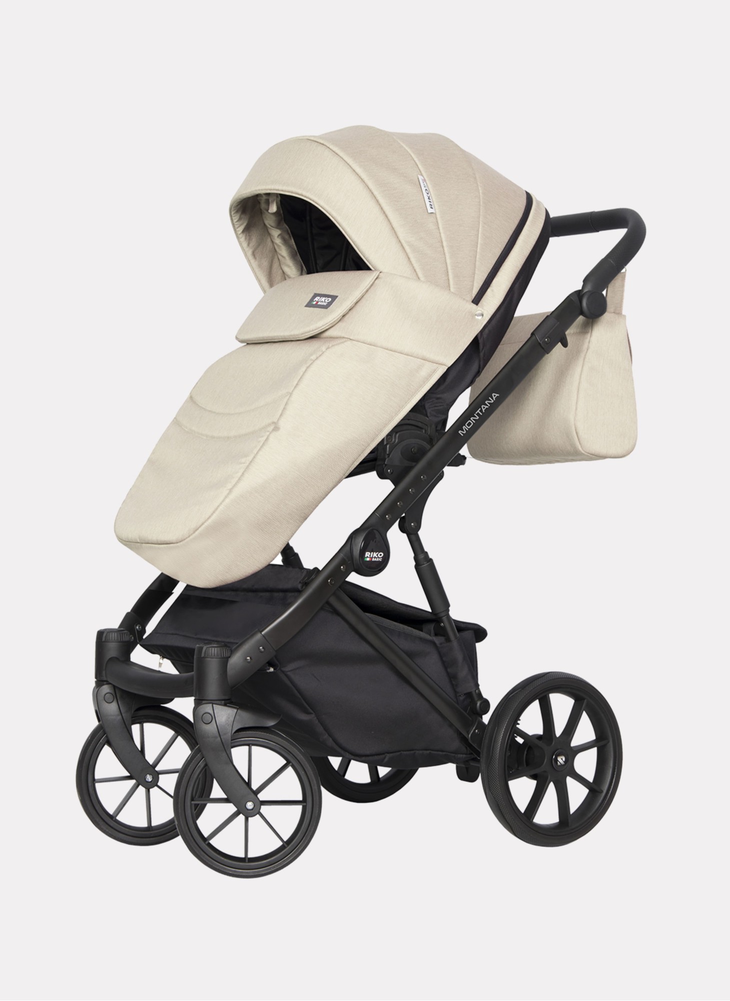 Детская коляска 2 в 1 Riko Basic Montana | Реверсивный прогулочный блок | Пружинная амортизация | Передние поворачиваемые колеса с фиксацией | Цвет - бежевый
