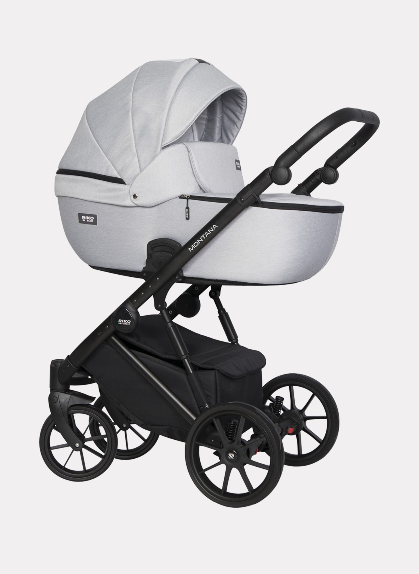 Детская коляска 2 в 1 Riko Basic Montana | Реверсивный прогулочный блок | Пружинная амортизация | Передние поворачиваемые колеса с фиксацией | Цвет - серый