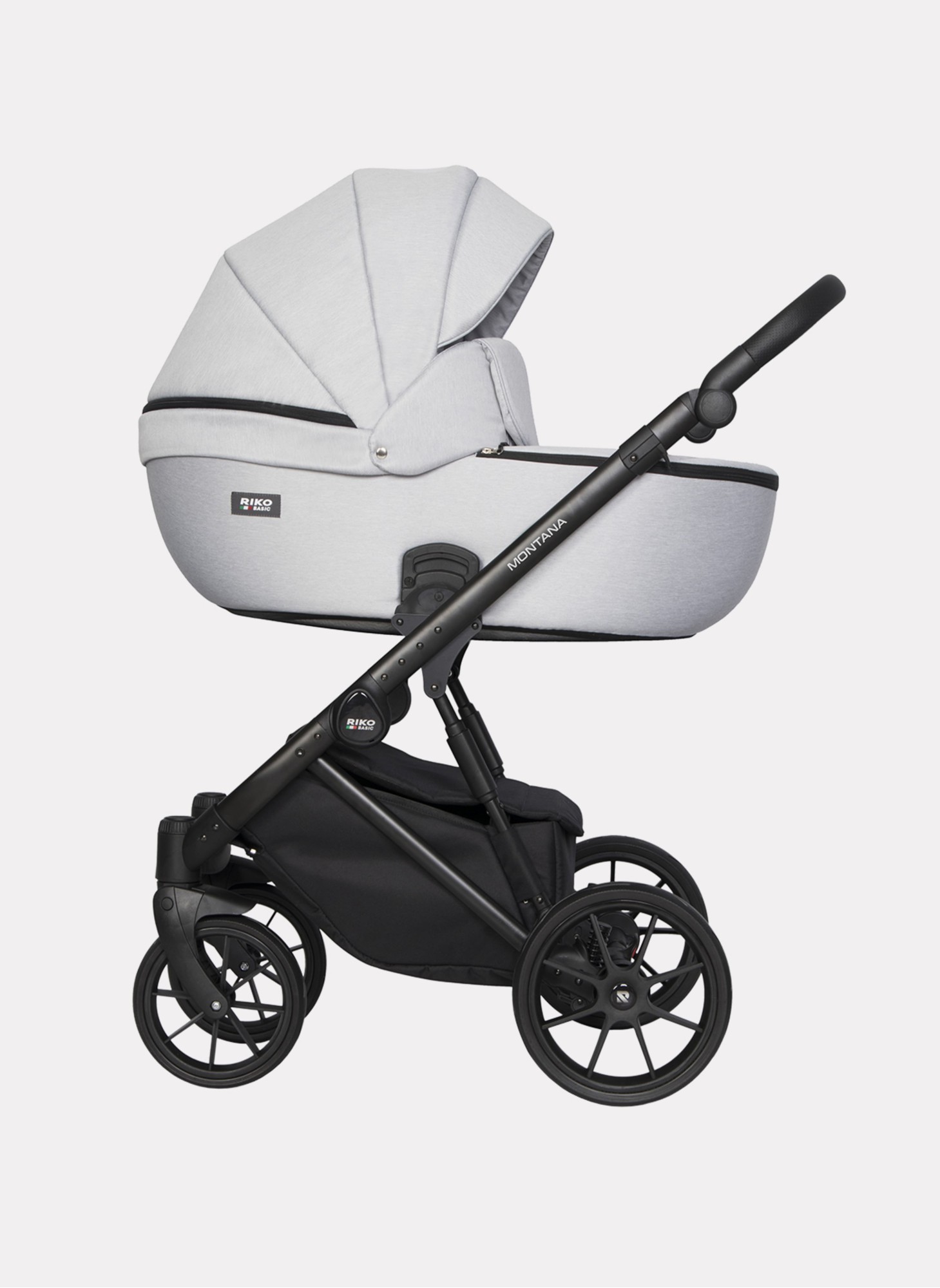Детская коляска 2 в 1 Riko Basic Montana | Реверсивный прогулочный блок | Пружинная амортизация | Передние поворачиваемые колеса с фиксацией | Цвет - серый