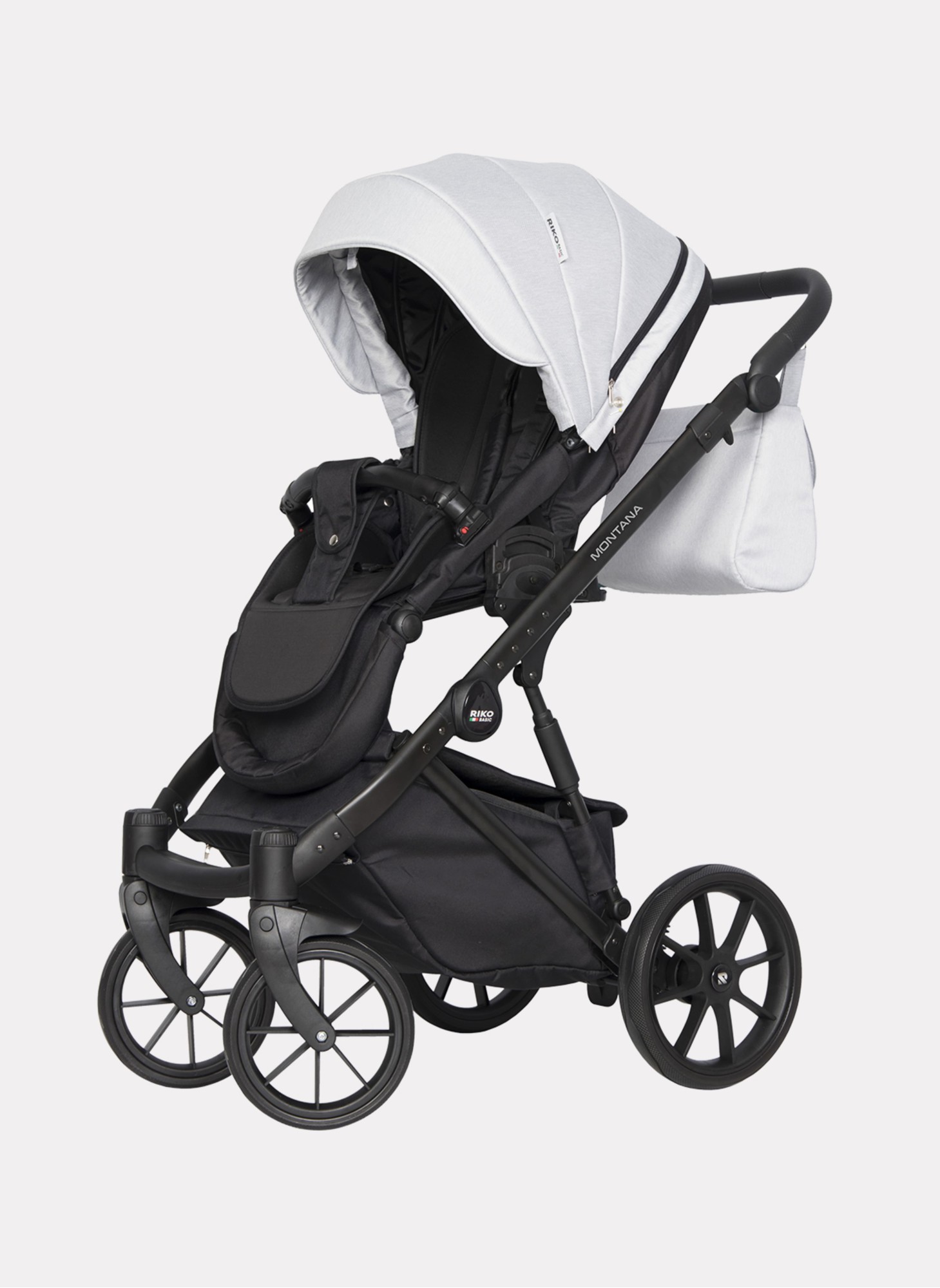 Детская коляска 2 в 1 Riko Basic Montana | Реверсивный прогулочный блок | Пружинная амортизация | Передние поворачиваемые колеса с фиксацией | Цвет - серый