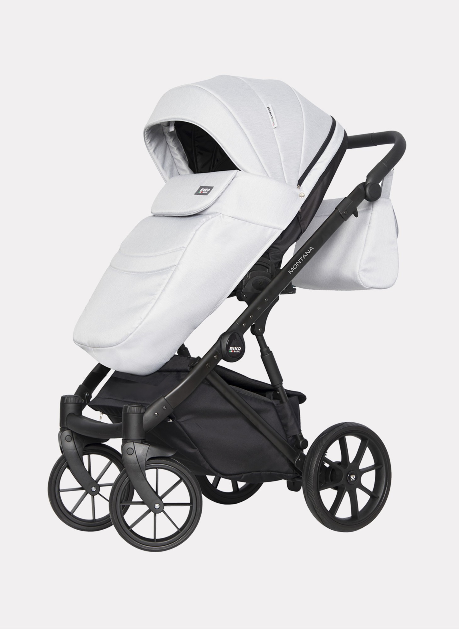 Детская коляска 2 в 1 Riko Basic Montana | Реверсивный прогулочный блок | Пружинная амортизация | Передние поворачиваемые колеса с фиксацией | Цвет - серый