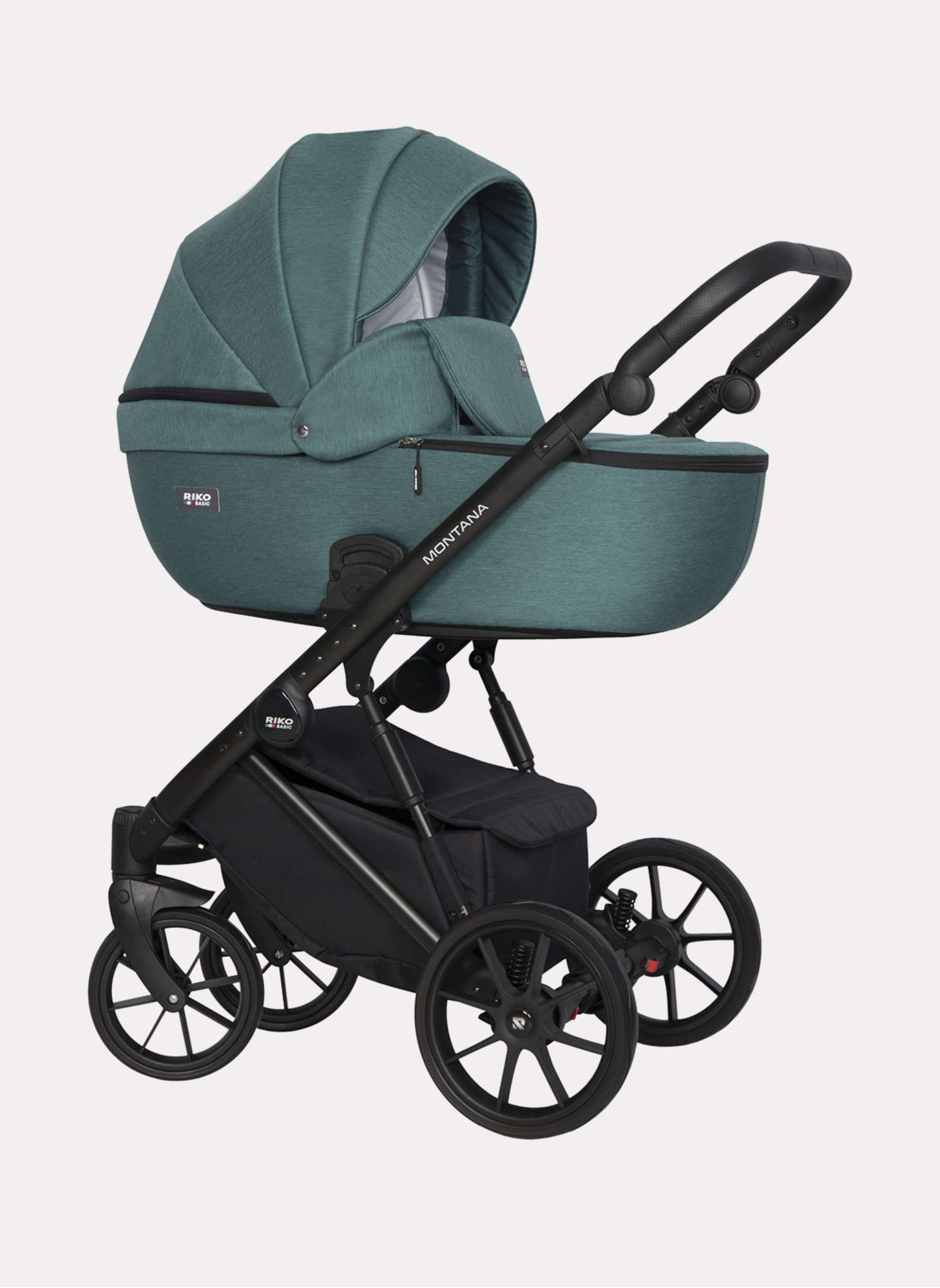 Детская коляска 2 в 1 Riko Basic Montana | Реверсивный прогулочный блок | Пружинная амортизация | Передние поворачиваемые колеса с фиксацией | Цвет - зеленый